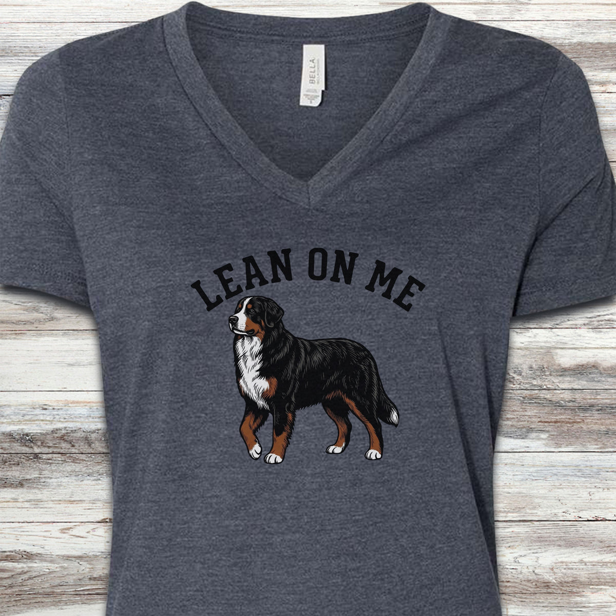 Bernese Mountain Dog Lean on Me V-Neck Tee - Heather Navy