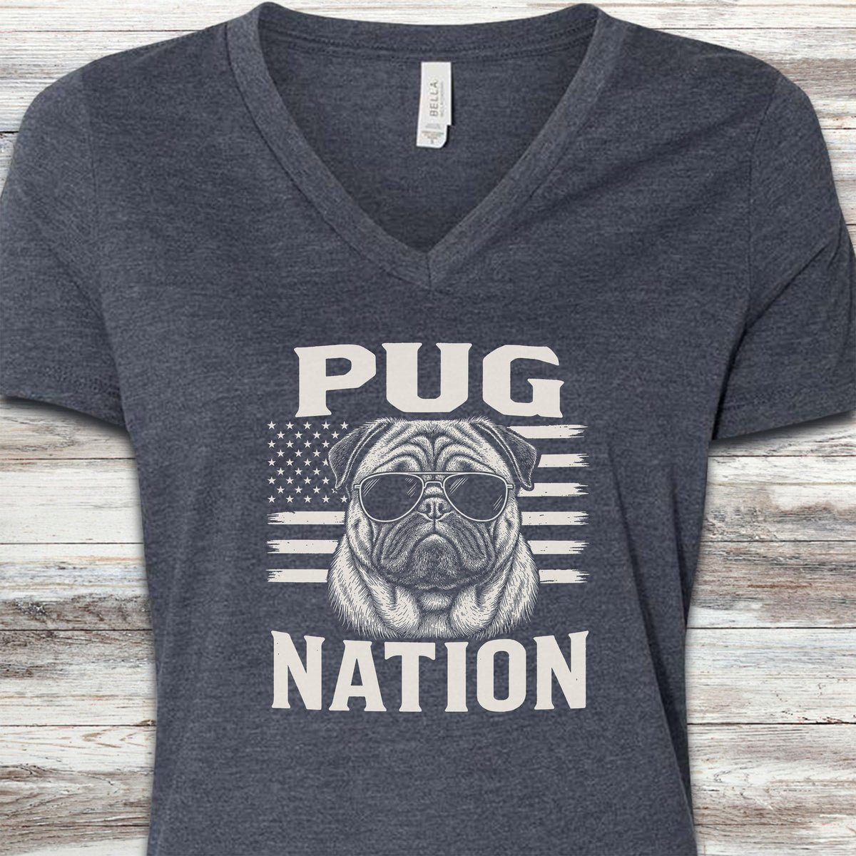 Pug Nation V-Neck Tee - Heather Navy