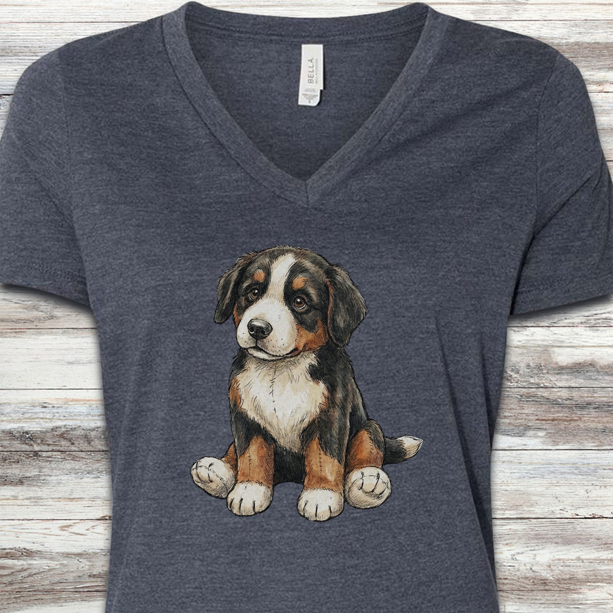 Bernese Mountain Dog Teddy Bear V-Neck Tee - Heather Navy