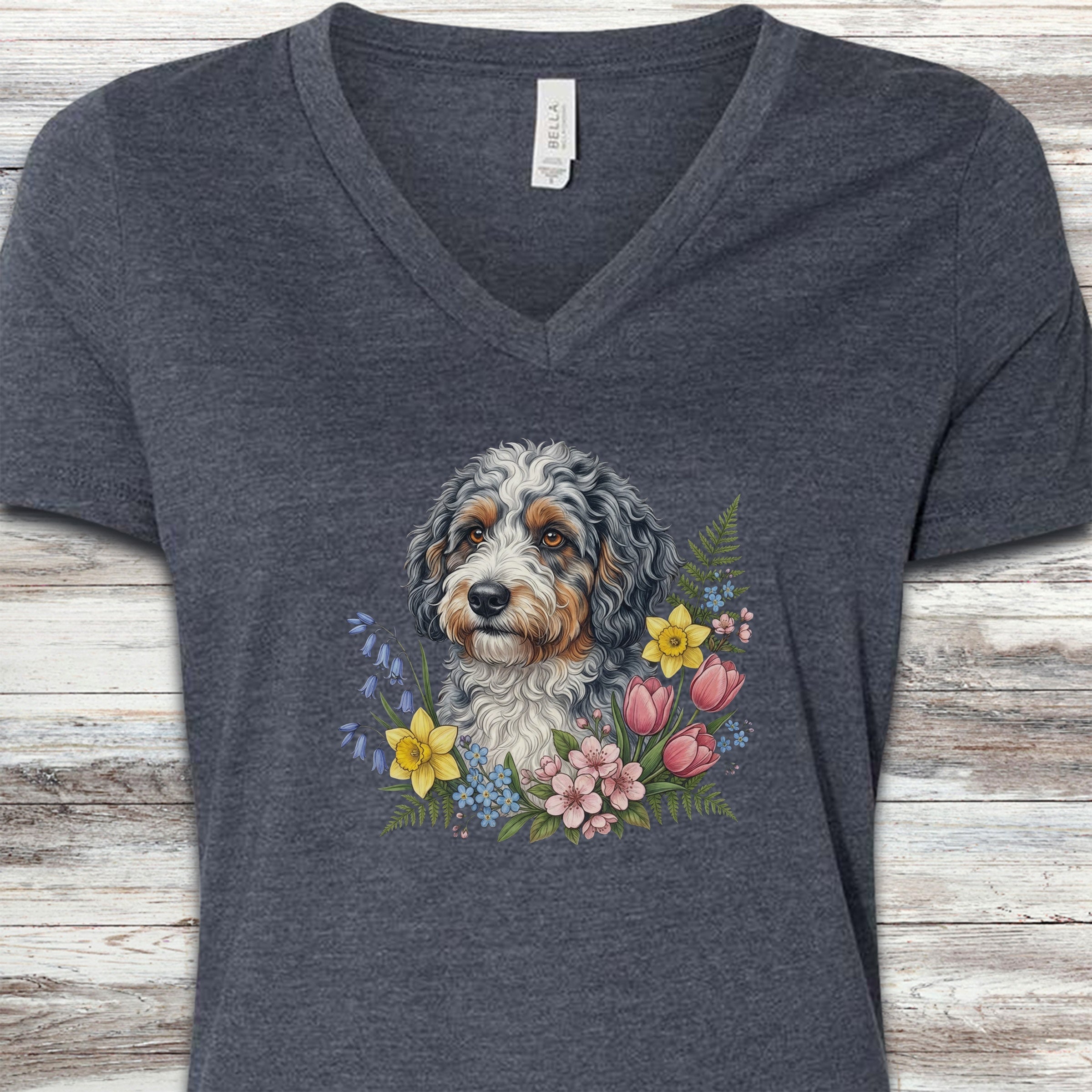 Aussiedoodle Spring Portrait V-Neck Tee - Heather Navy