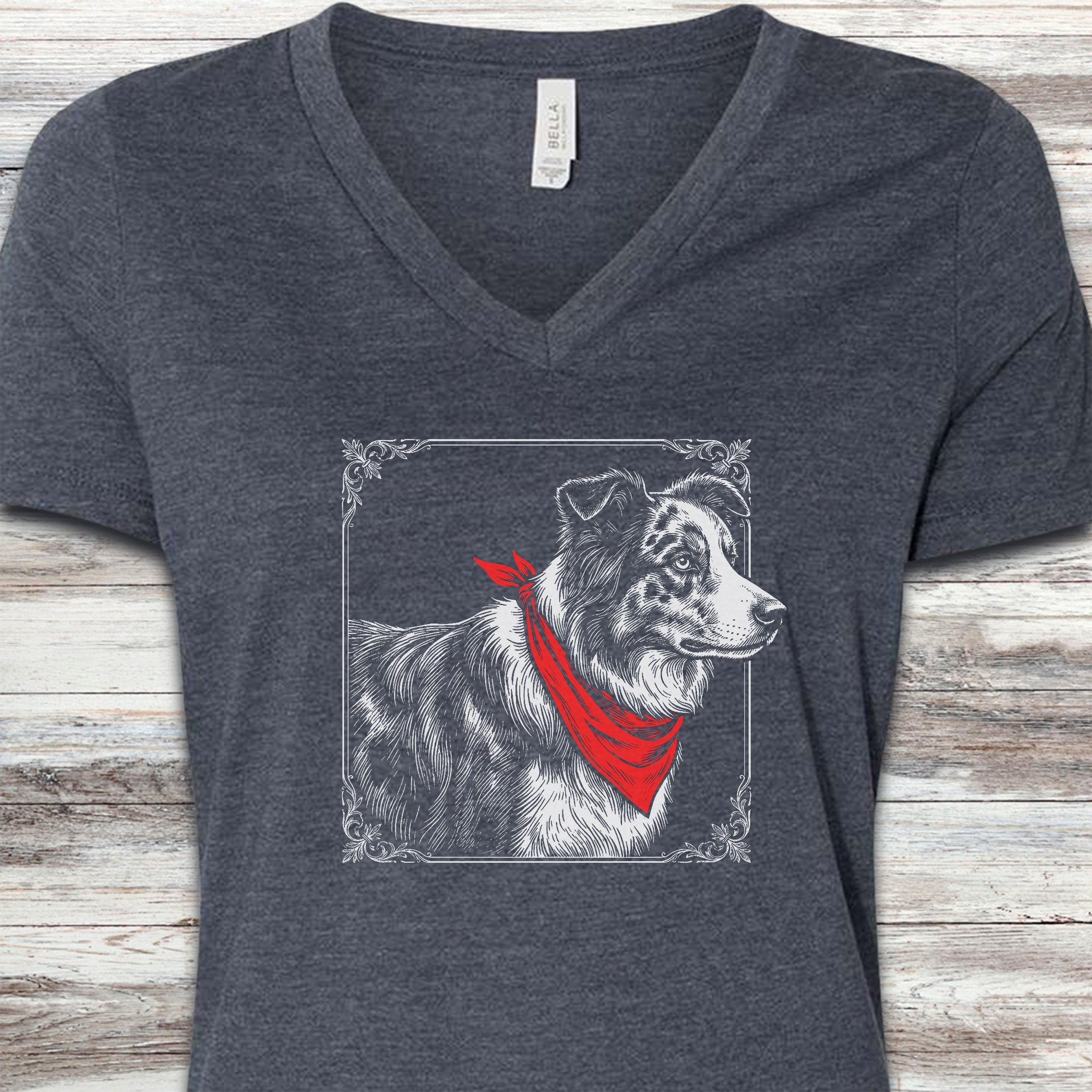 Australian Shepherd Etching V-Neck Tee - Heather Navy
