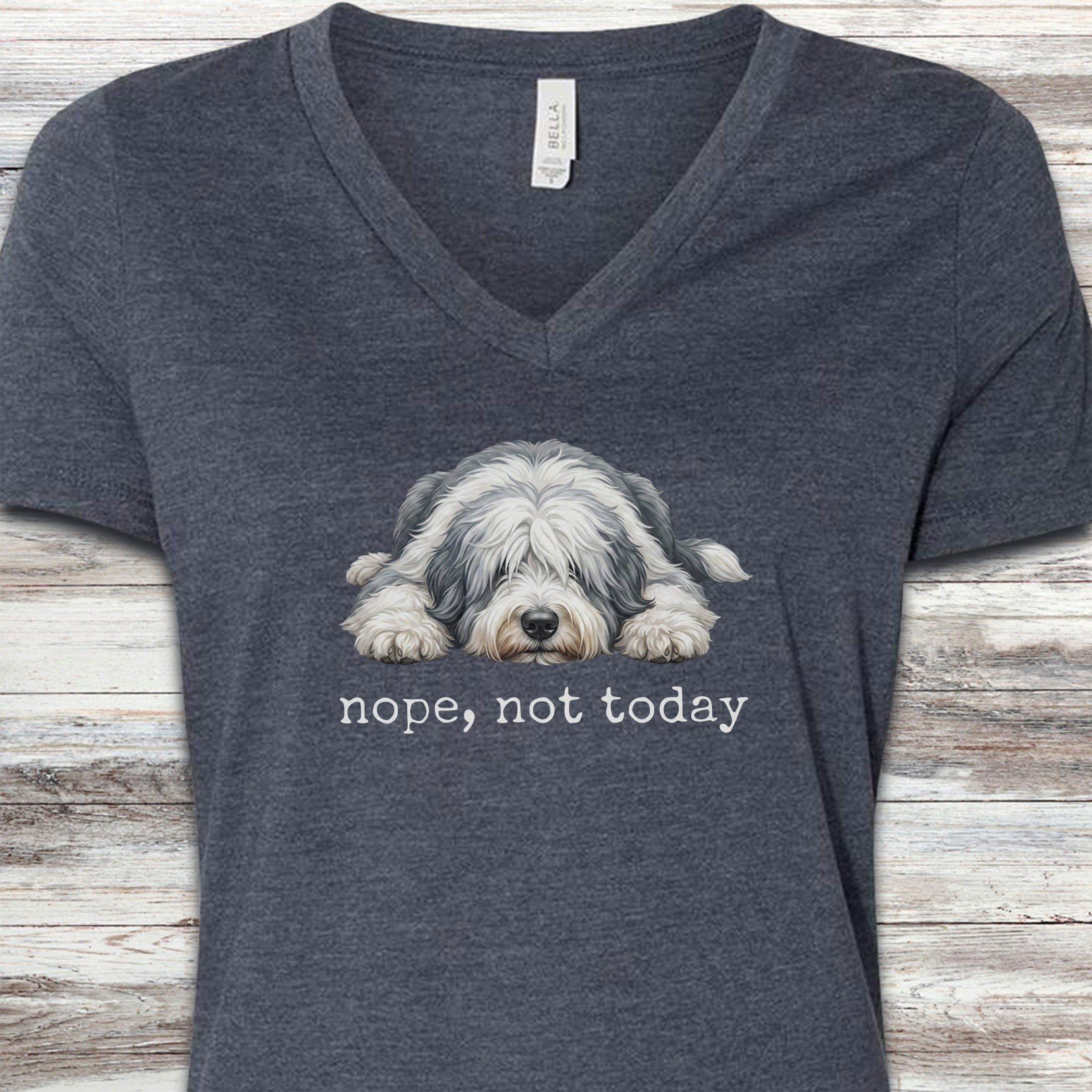 Old English Sheepdog Nope V-Neck Tee - Heather Navy