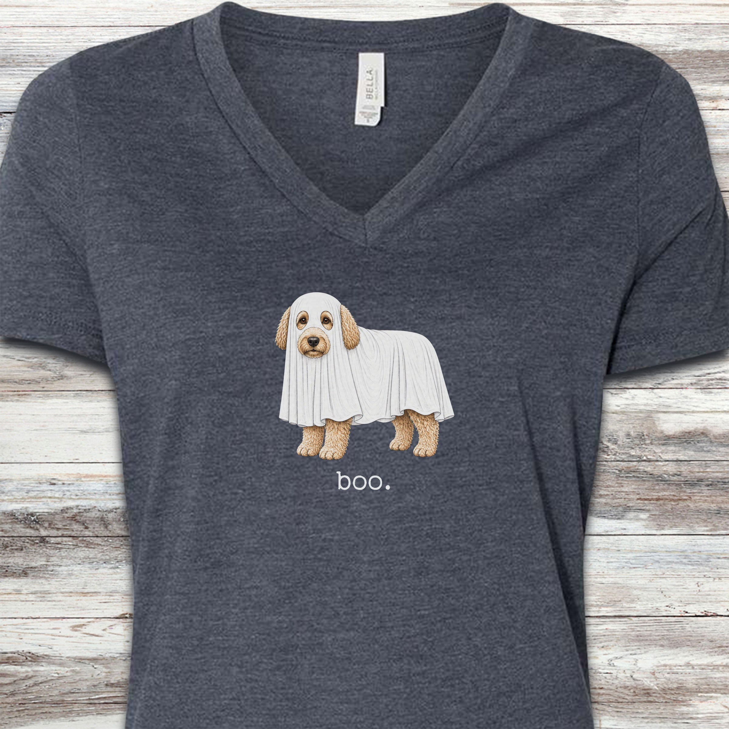 Labradoodle Boo V-Neck Tee - Heather Navy
