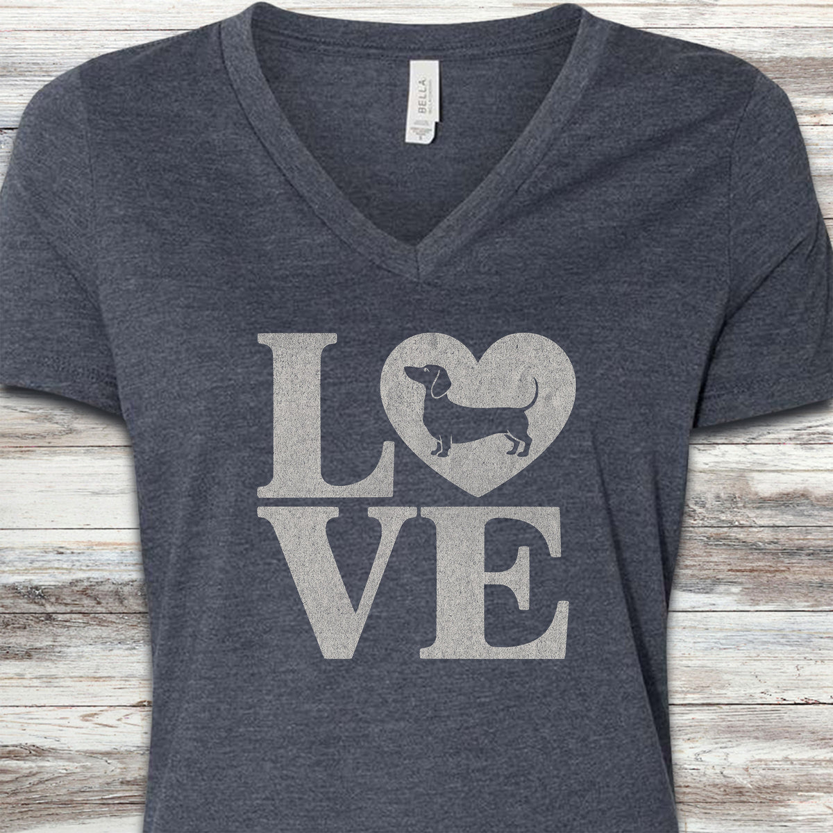 Dachshund Heart V-Neck Tee - Heather Navy