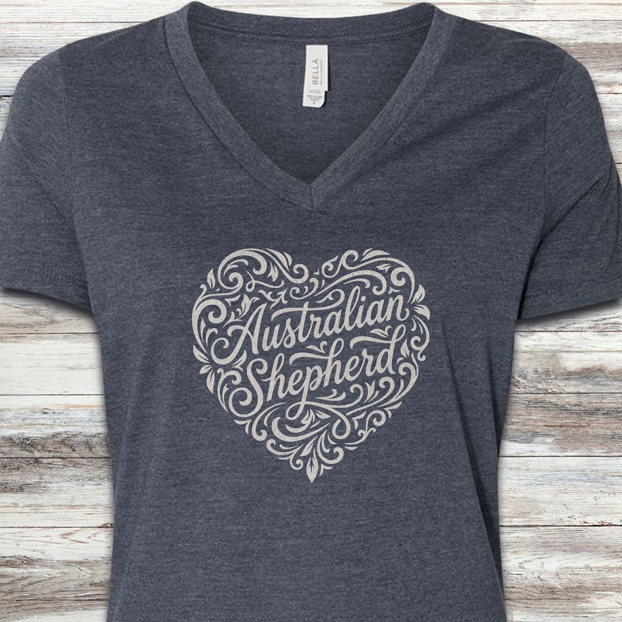 Australian Shepherd Heart Script V-Neck Tee - Heather Navy