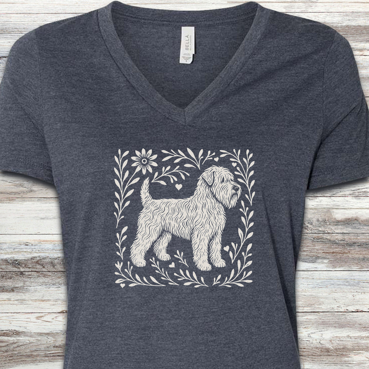 Wheaten Terrier Linocut V-Neck Tee - Heather Navy