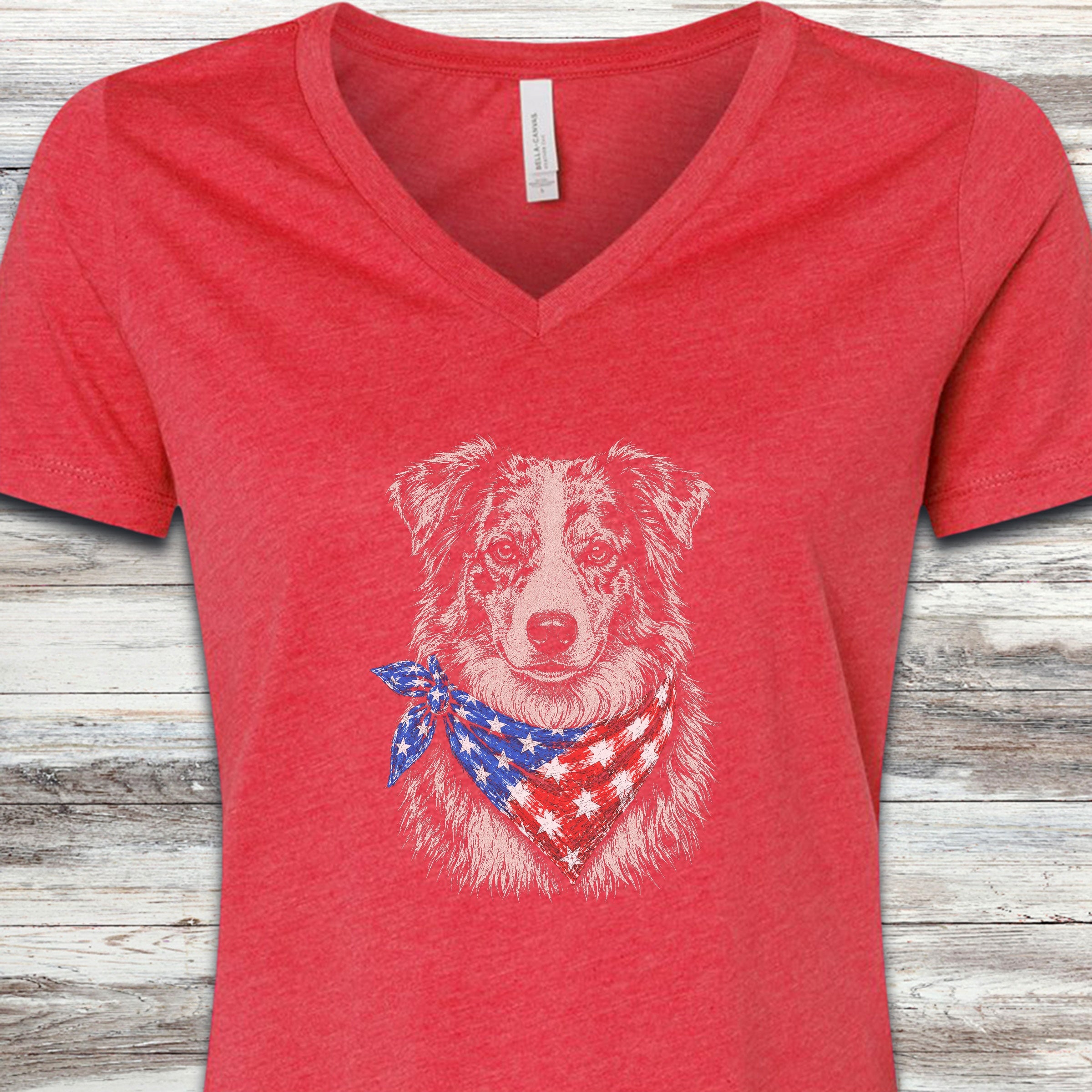 Australian Shepherd Merle Patriot V-Neck Tee - Heather Red