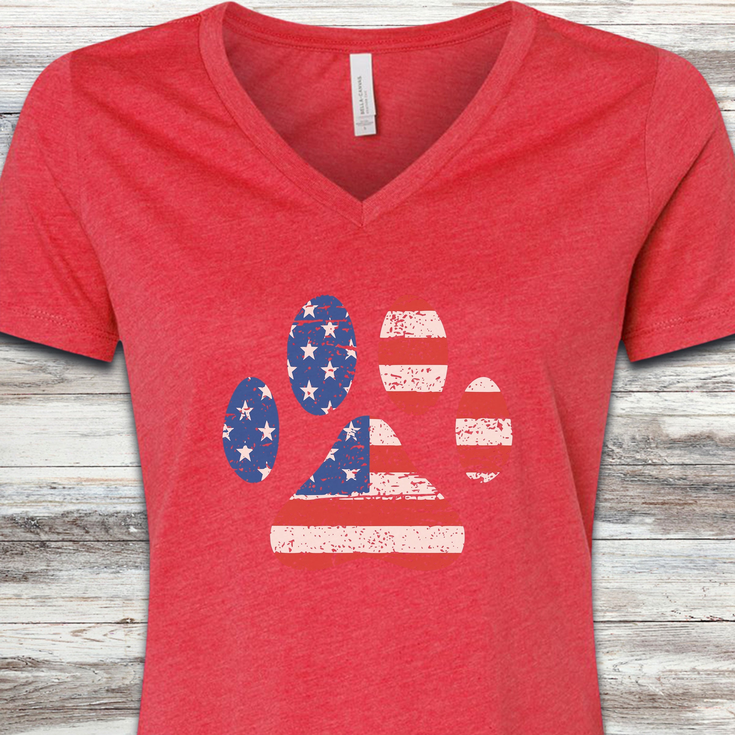 Stars & Stripes Paw Print V-Neck Tee - Heather Red