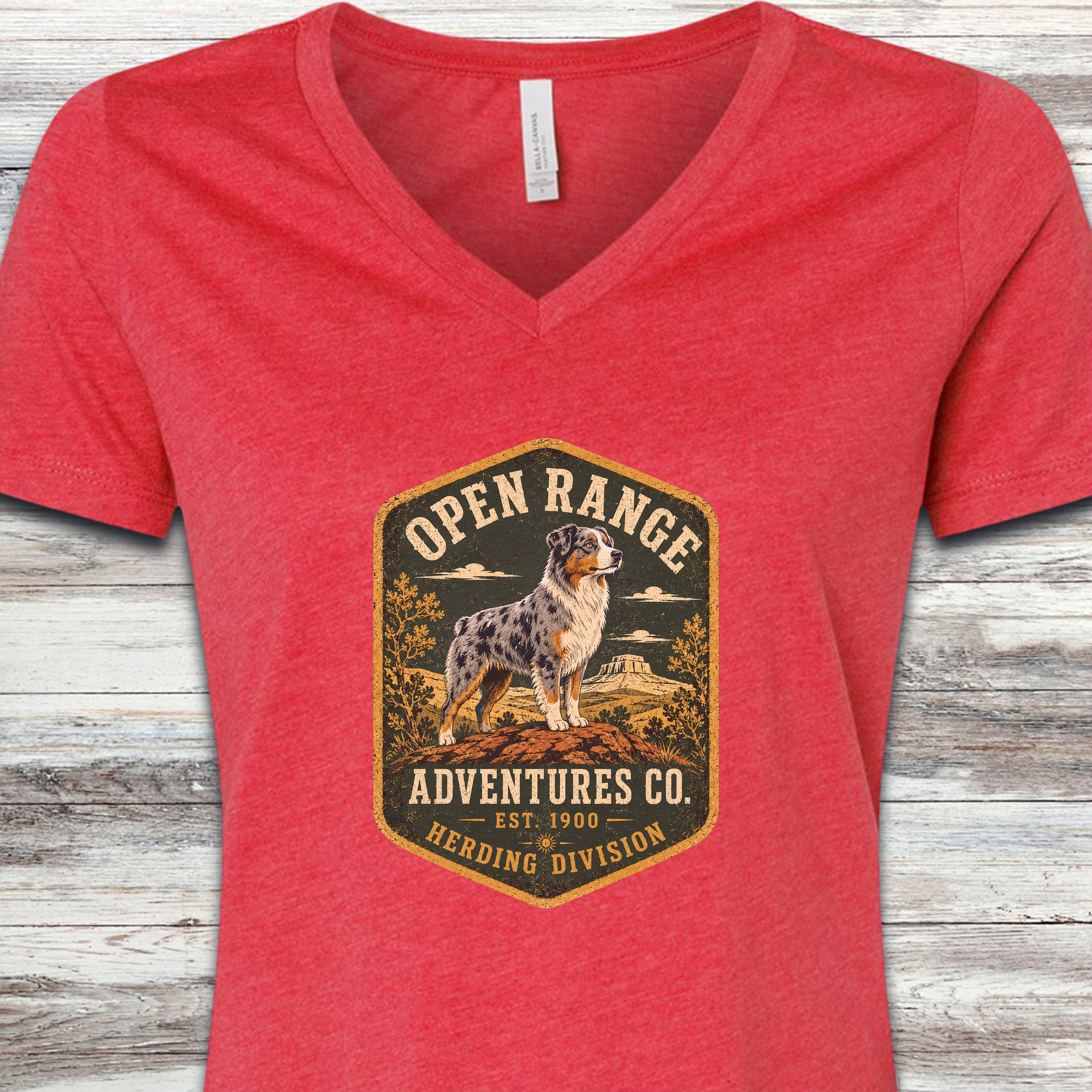 Australian Shepherd Adventures V-Neck Tee - Heather Red