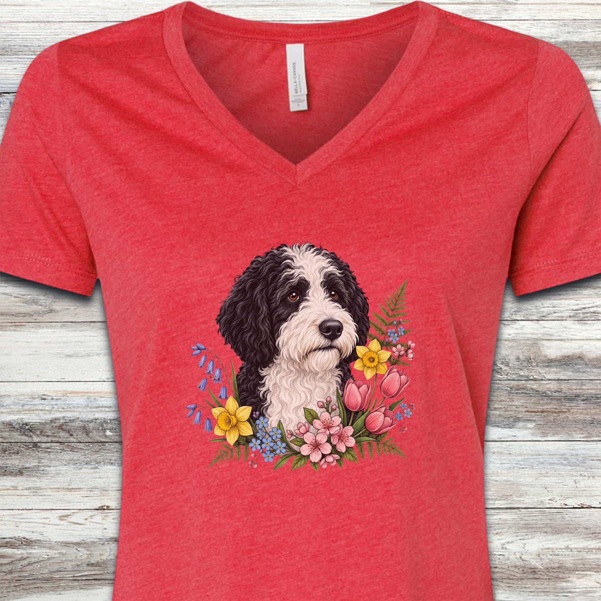Sheepadoodle Spring Portrait V-Neck Tee - Heather Red