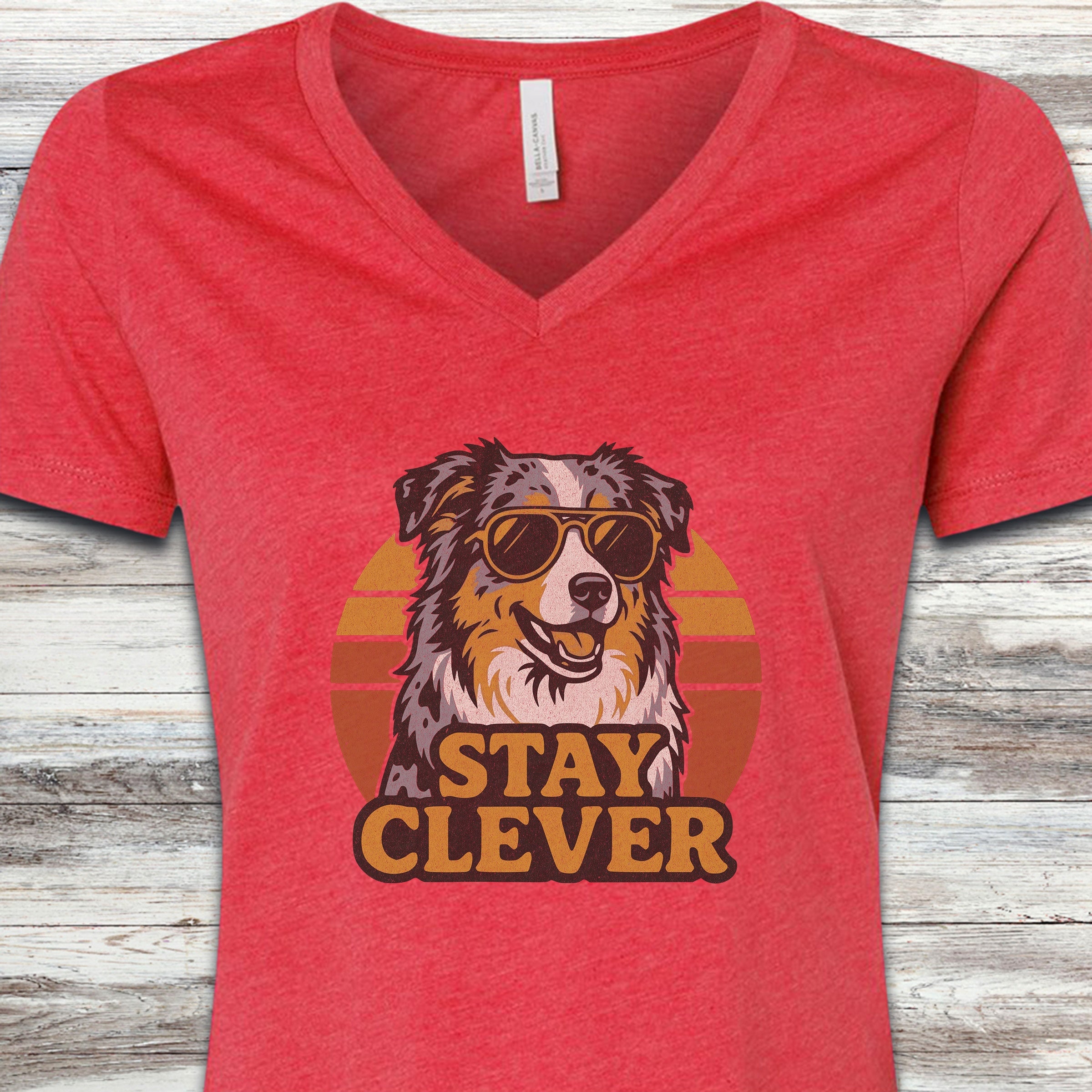 Australian Shepherd Stay Clever V-Neck Tee - Heather Red