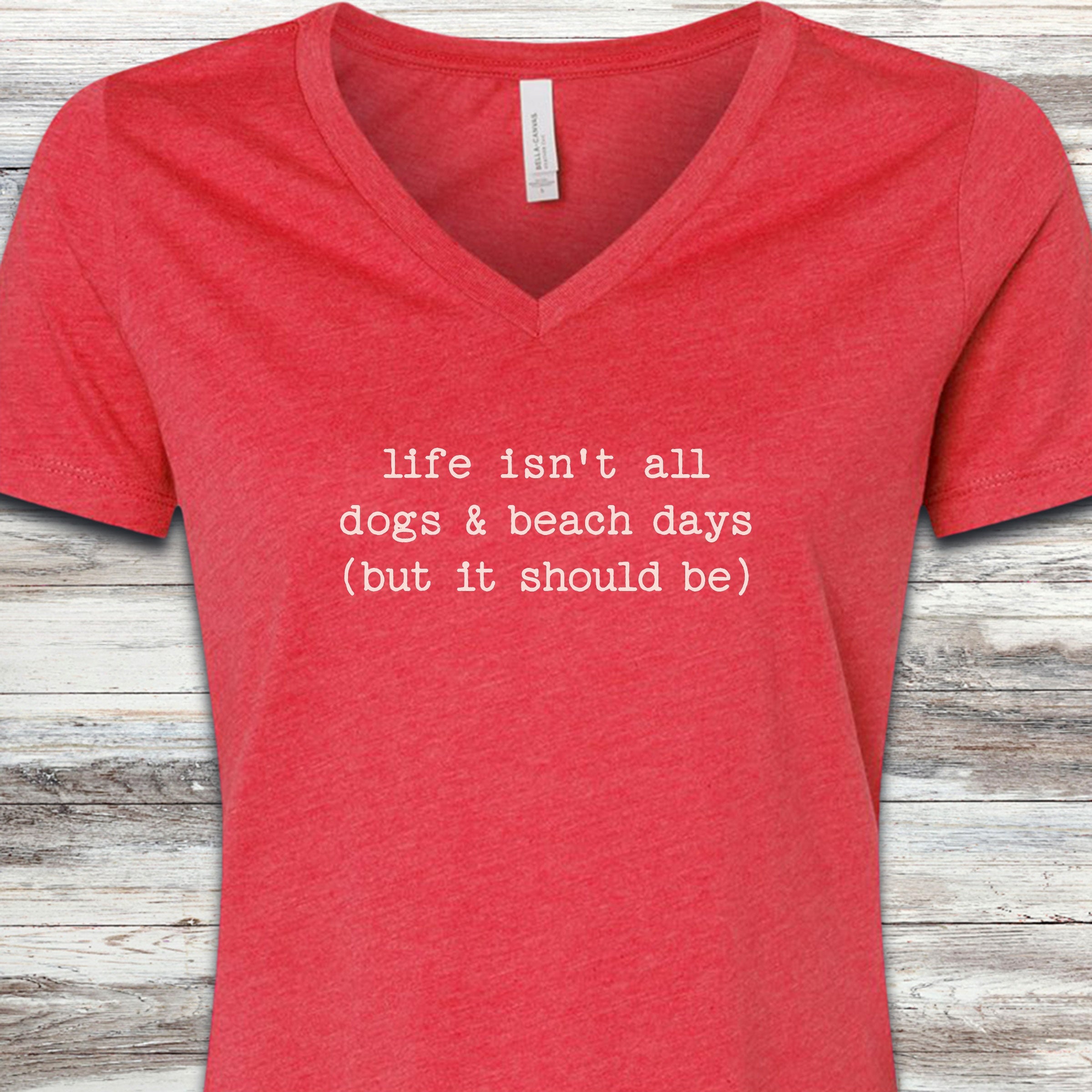 Dogs & Beach Days V-Neck Tee - Heather Red