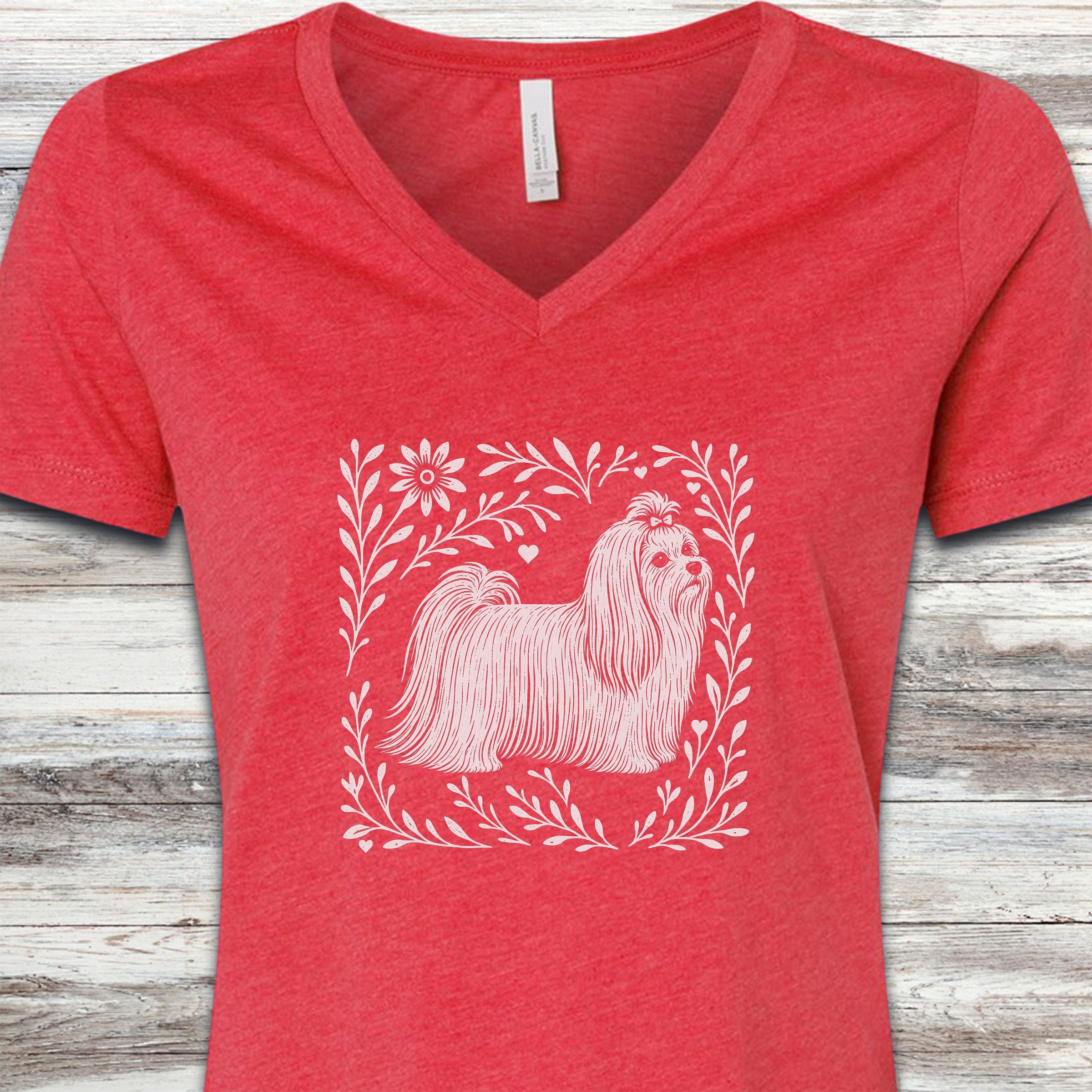 Maltese Linocut V-Neck Tee - Heather Red