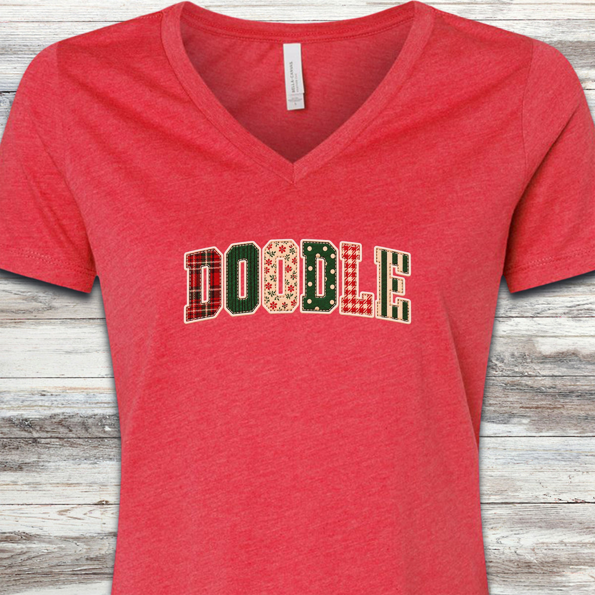 Doodle Holiday Faux Patchwork V-Neck Tee - Heather Red
