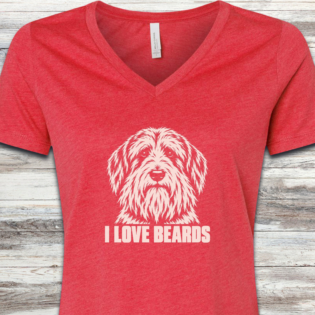 Bearded Collie I Love Beards V-Neck Tee - Heather Red