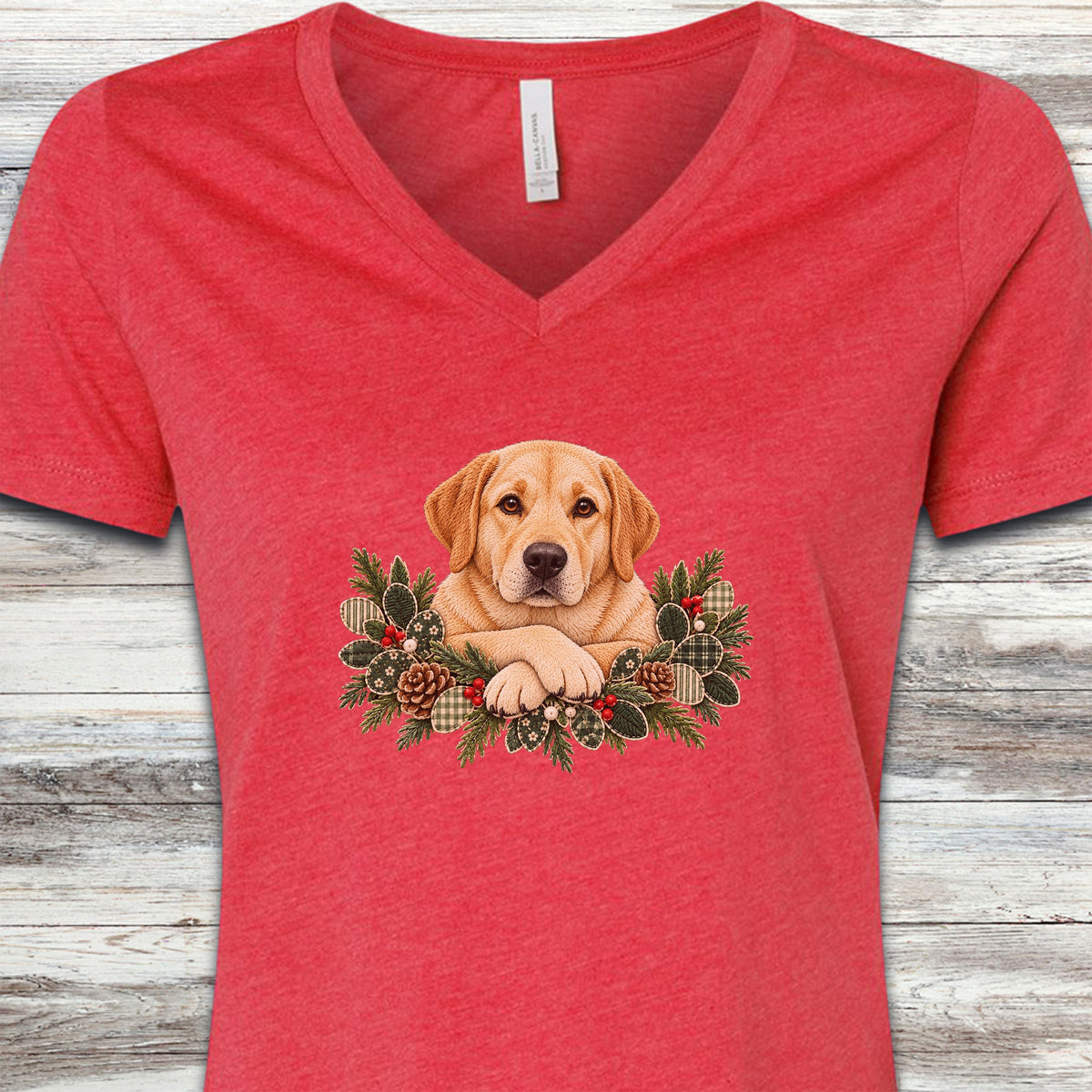 Labrador Retriever Yellow Winter Greenery Faux Embroidery V-Neck Tee - Heather Red