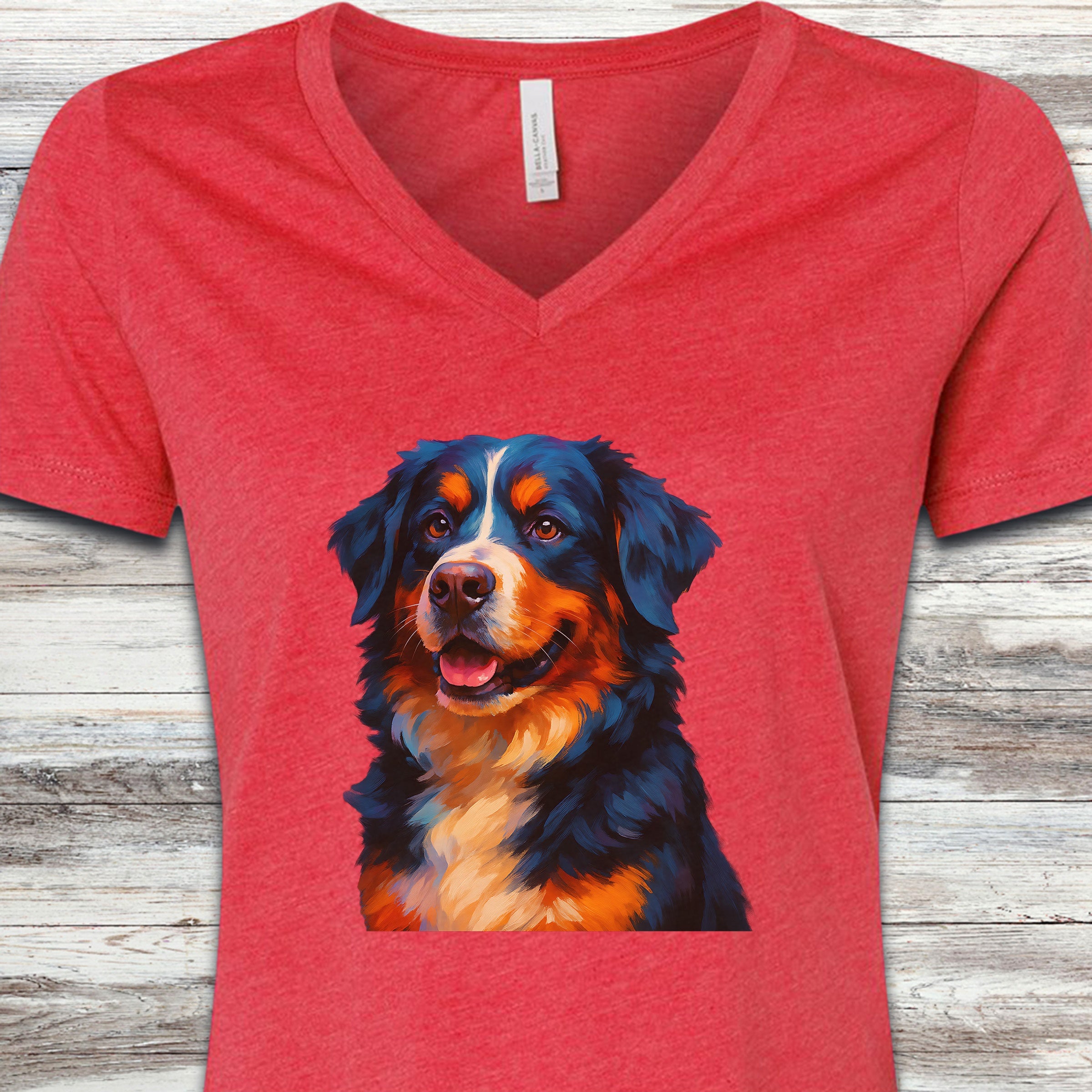 Bernese Mountain Dog Oil Painting V-Neck Tee - Heather Red