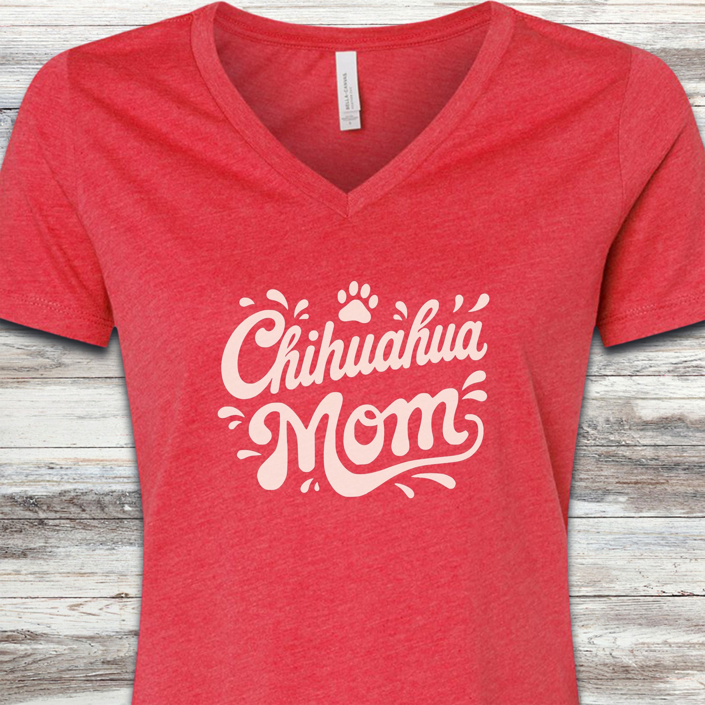 Chihuahua Groovy Mom V-Neck Tee - Heather Red