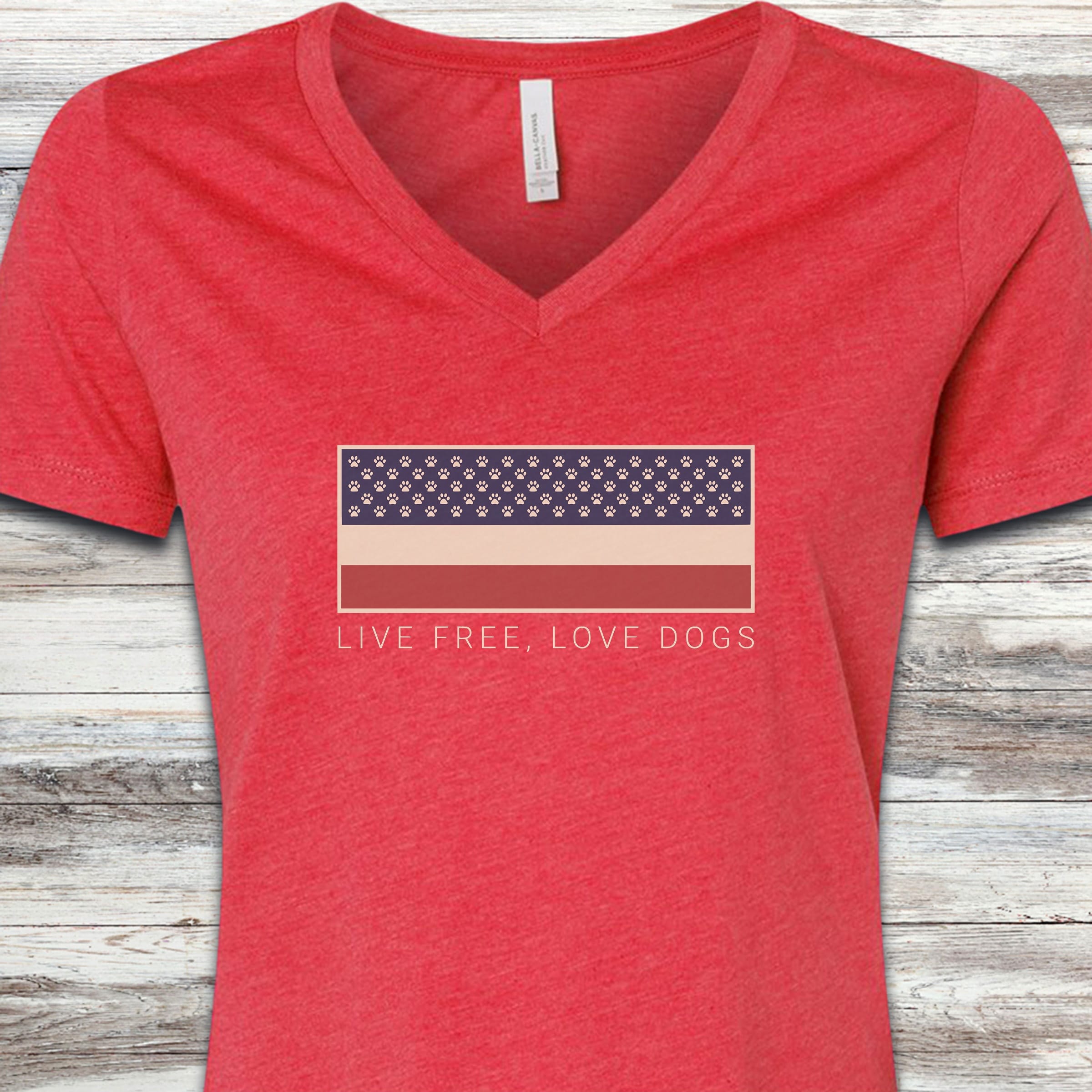 Live Free Love Dogs V-Neck Tee - Heather Red