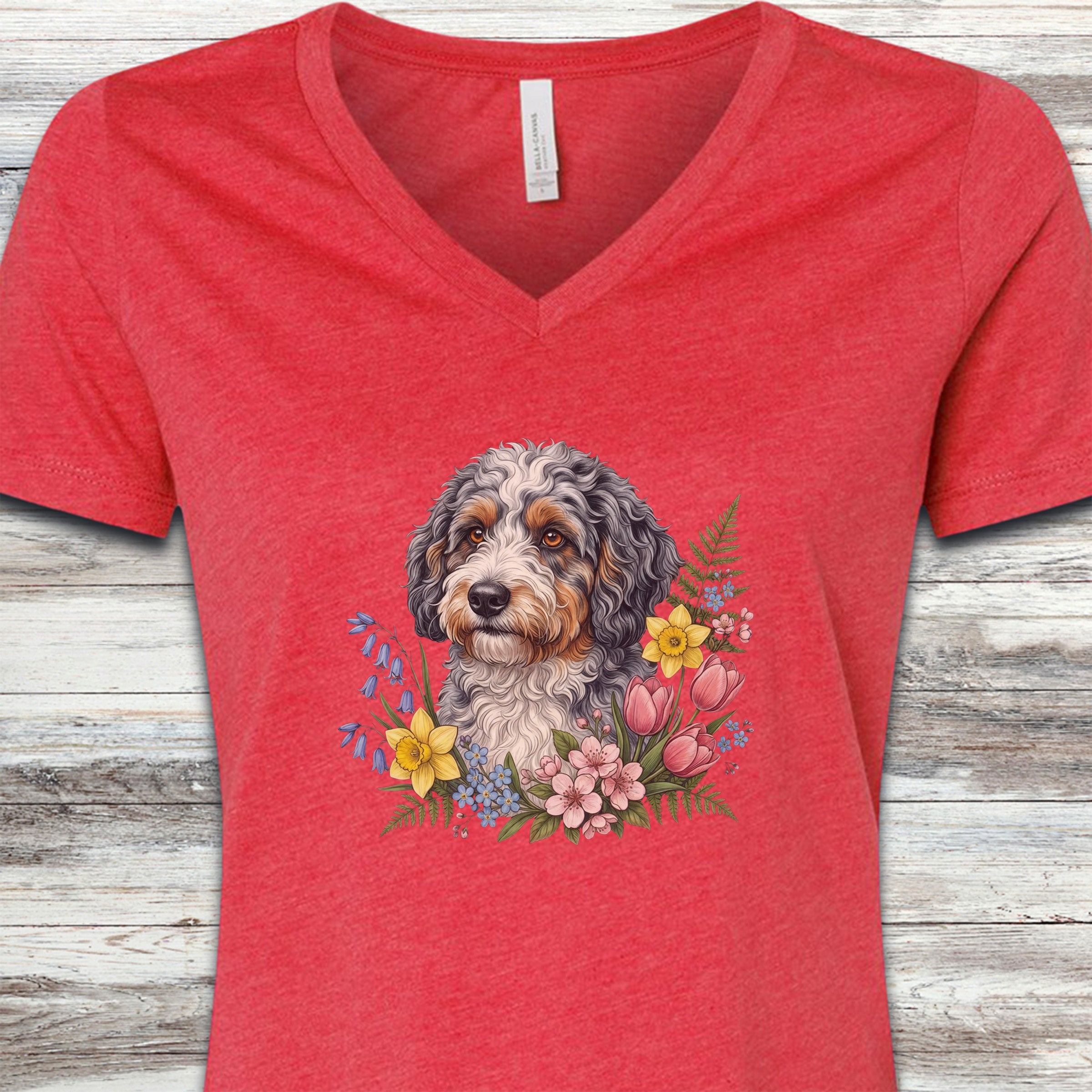 Aussiedoodle Spring Portrait V-Neck Tee - Heather Red