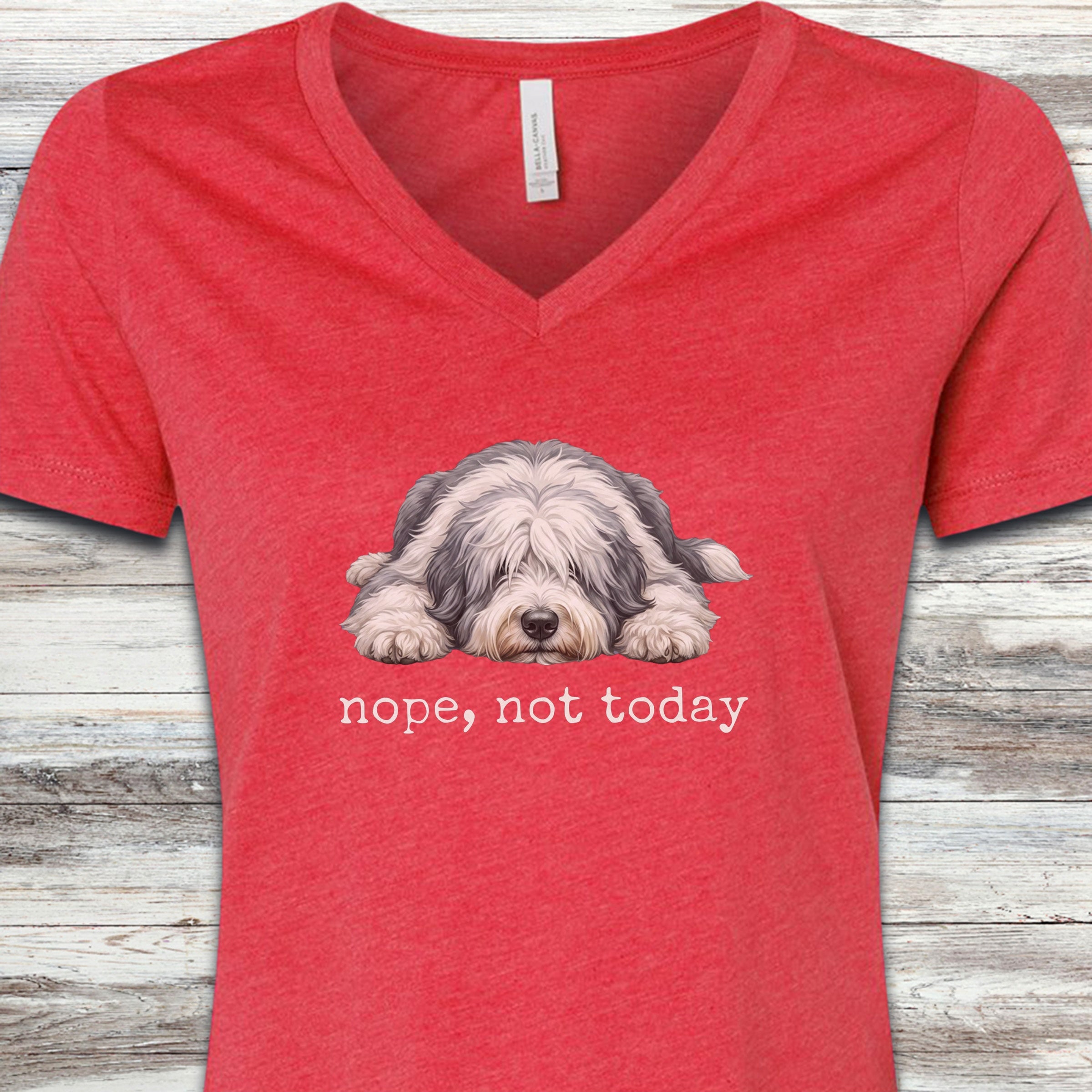 Old English Sheepdog Nope V-Neck Tee - Heather Red