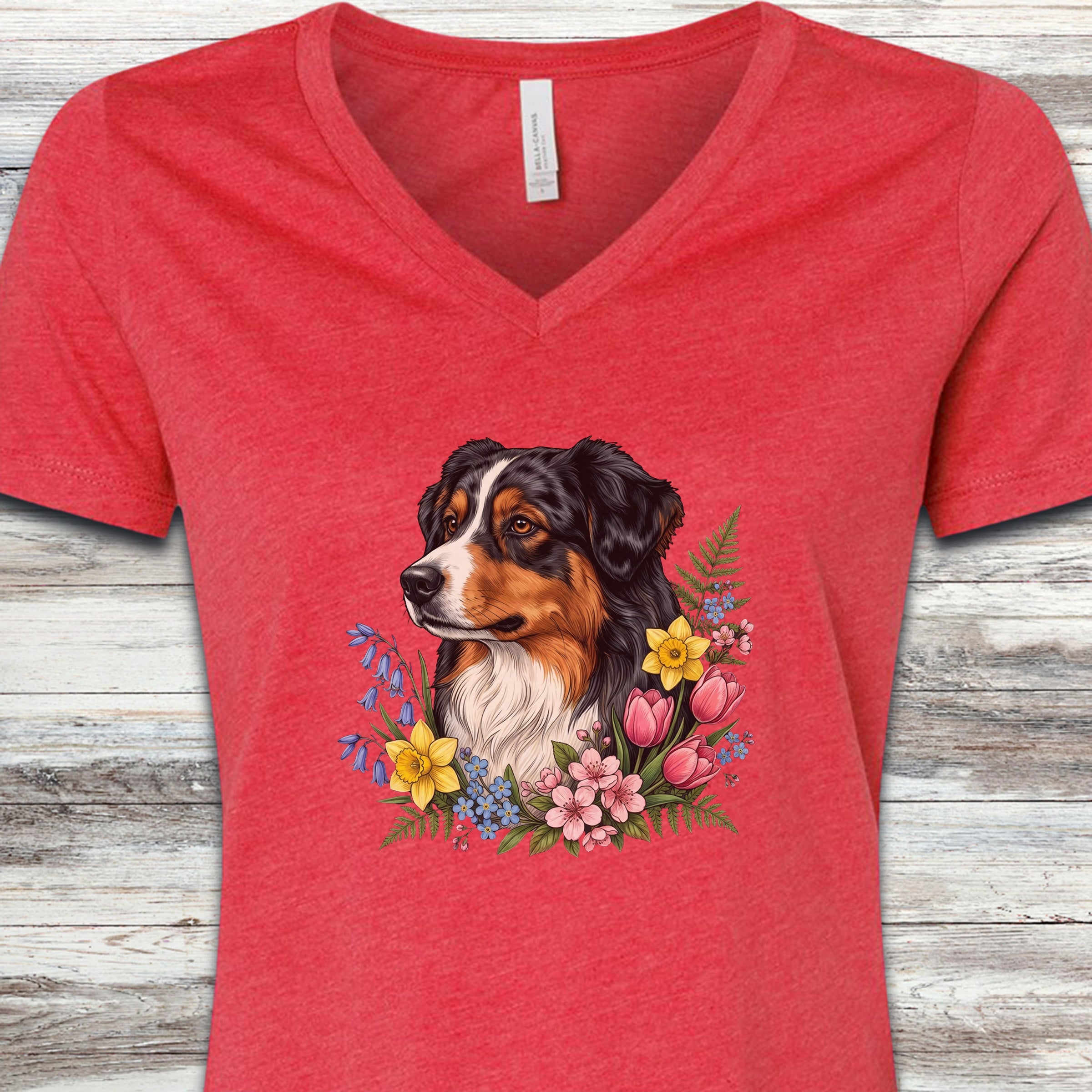 Australian Shepherd Tri Portrait V-Neck Tee - Heather Red