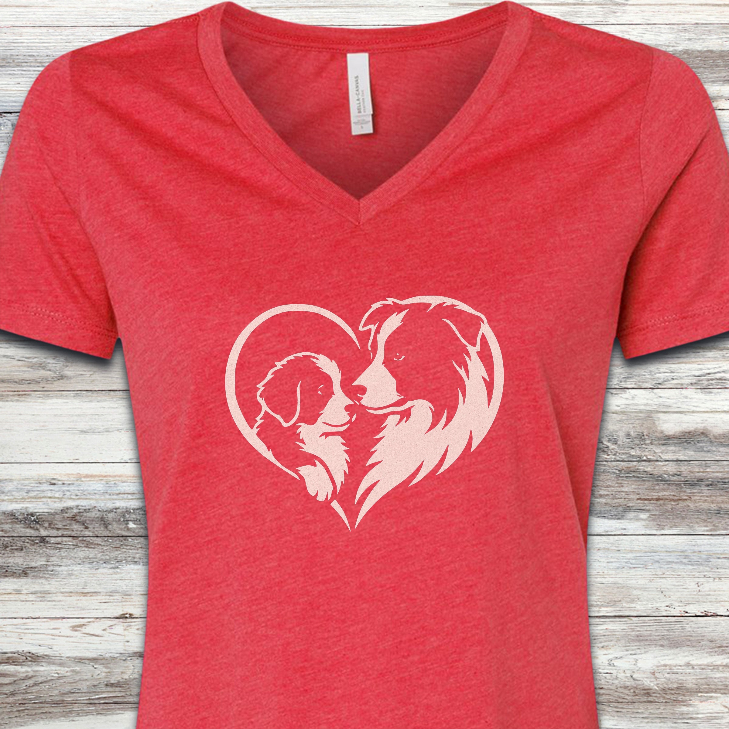 Border Collie Heart Bond V-Neck Tee - Heather Red