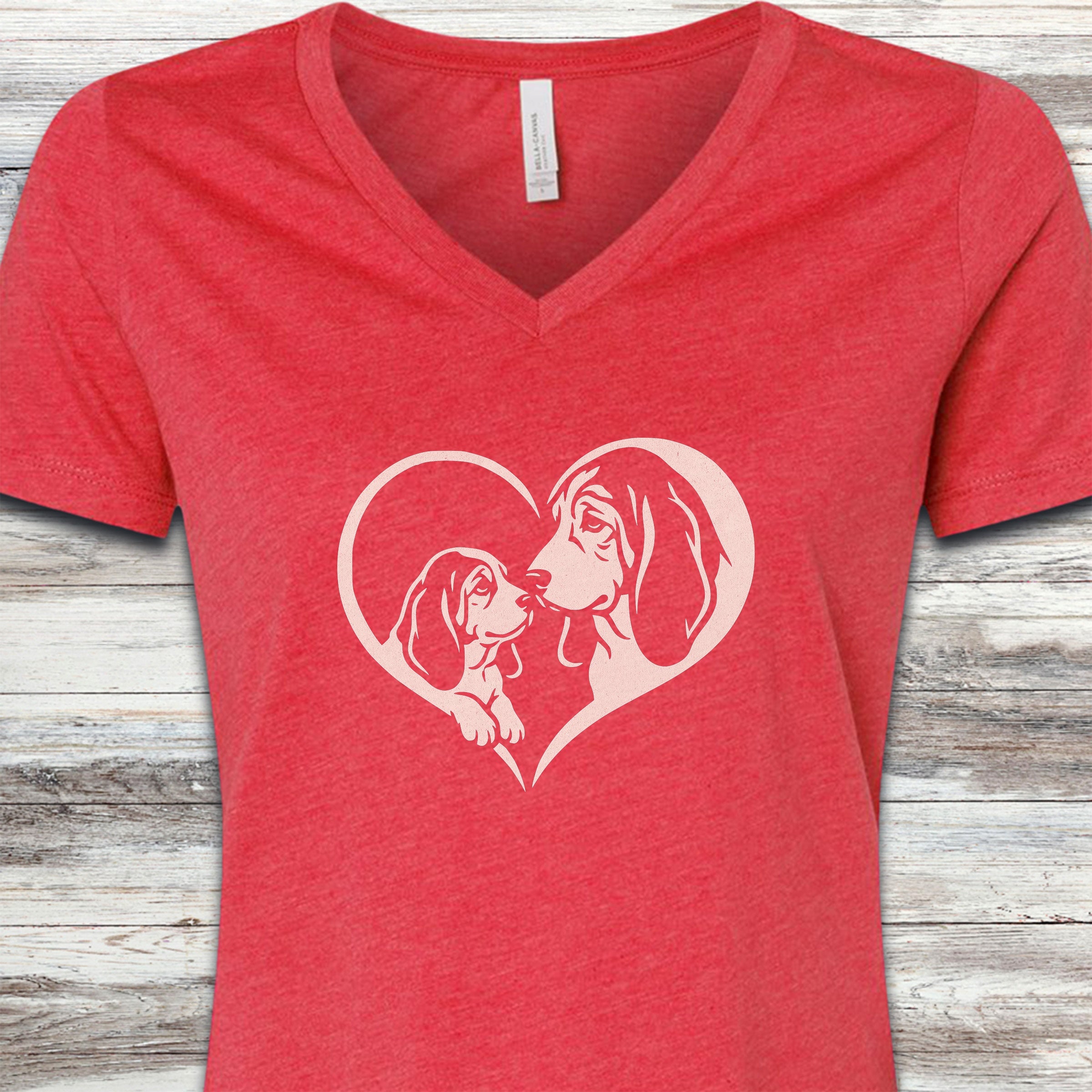 Basset Hound Heart Bond V-Neck Tee - Heather Red