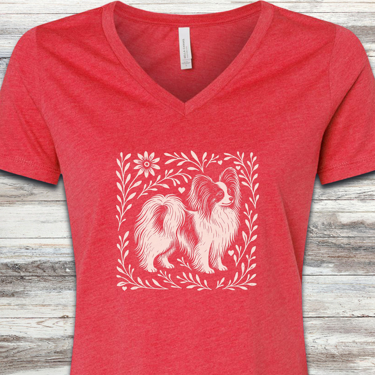 Papillon Linocut V-Neck Tee - Heather Red