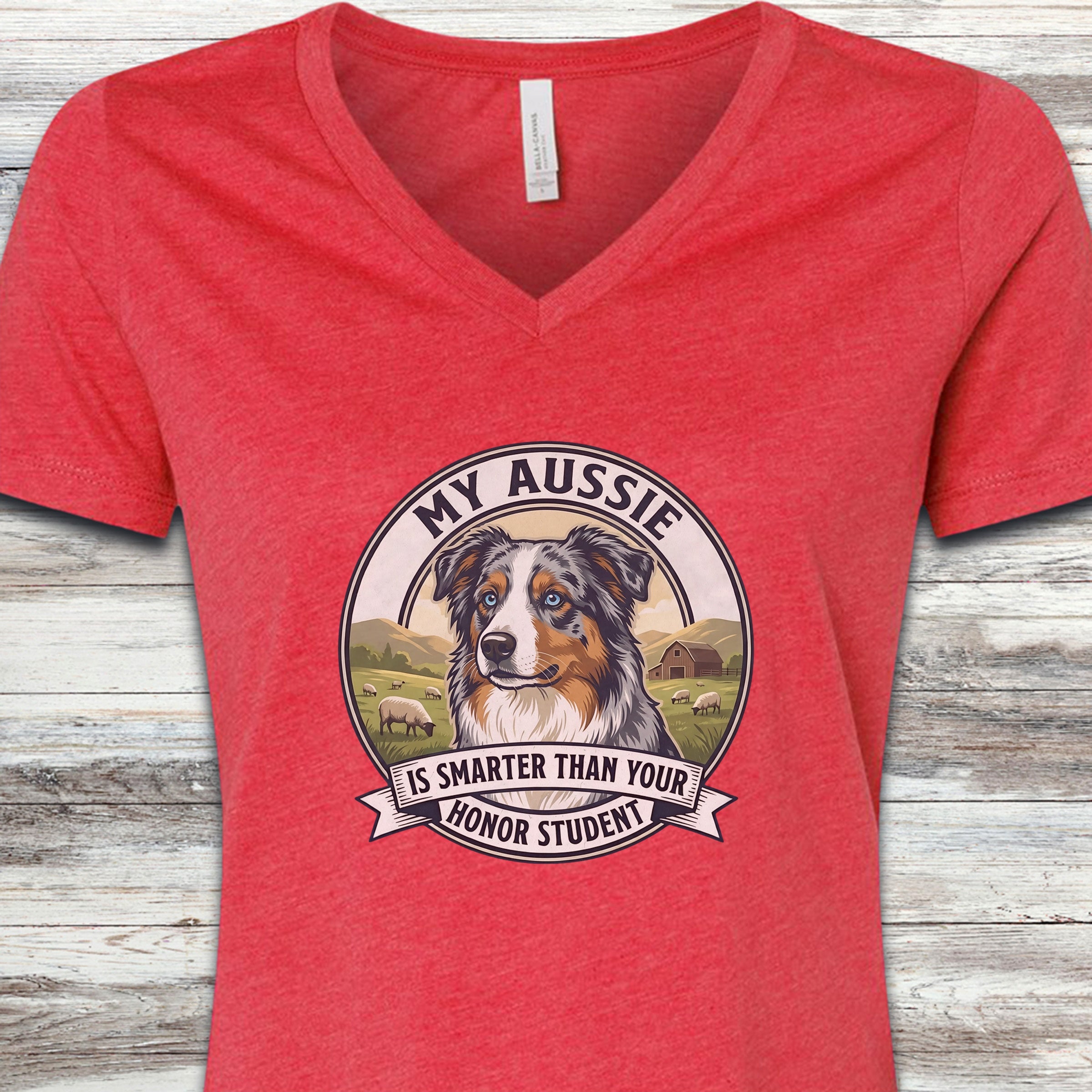 Australian Shepherd Aussie Smart V-Neck Tee - Heather Red