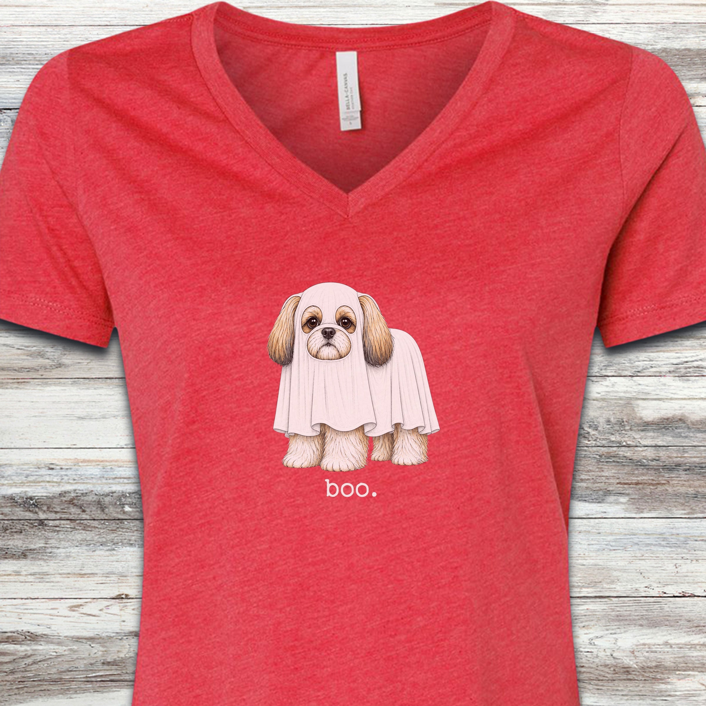 Shih Tzu Boo V-Neck Tee - Heather Red