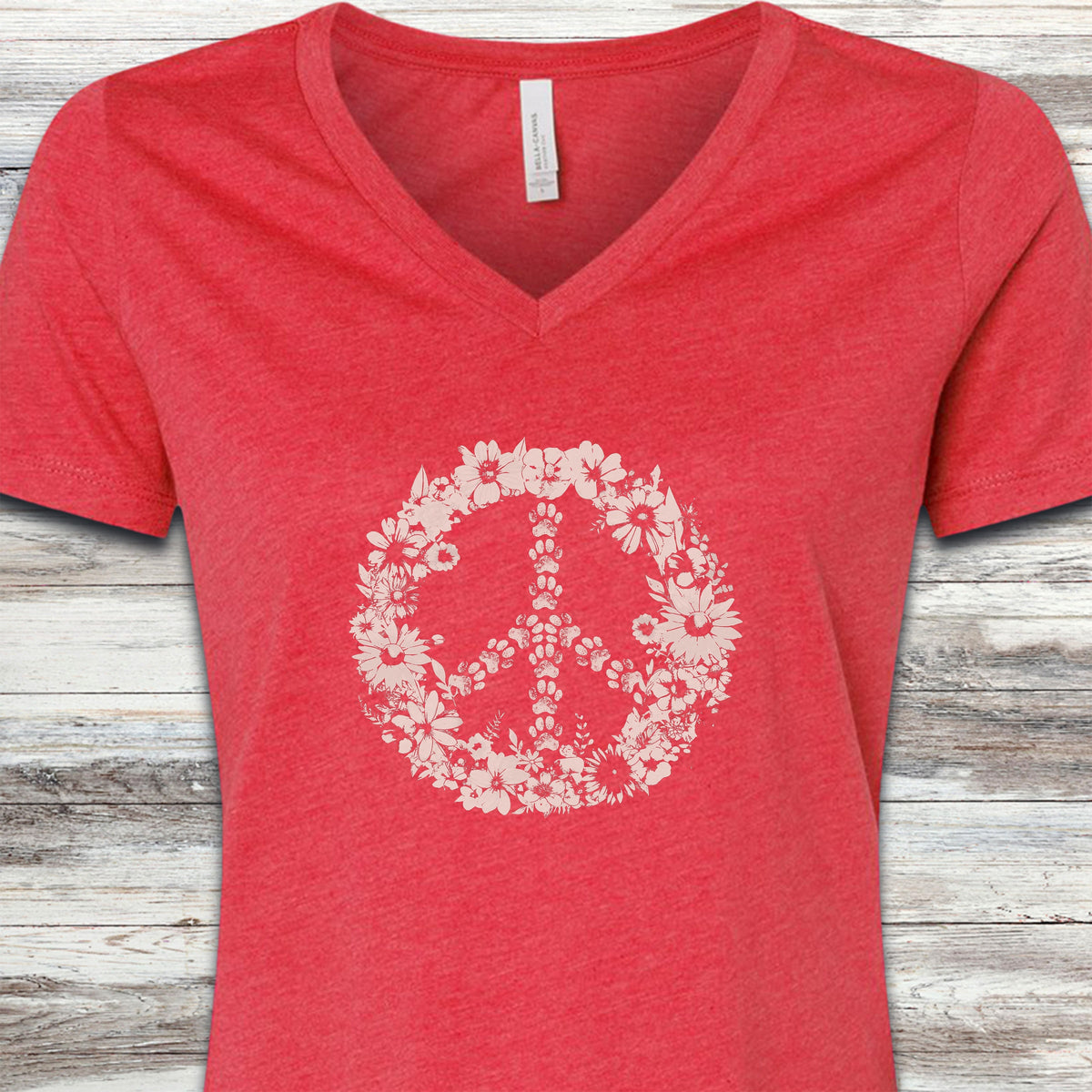 Vintage Floral Peace V-Neck Tee - Heather Red