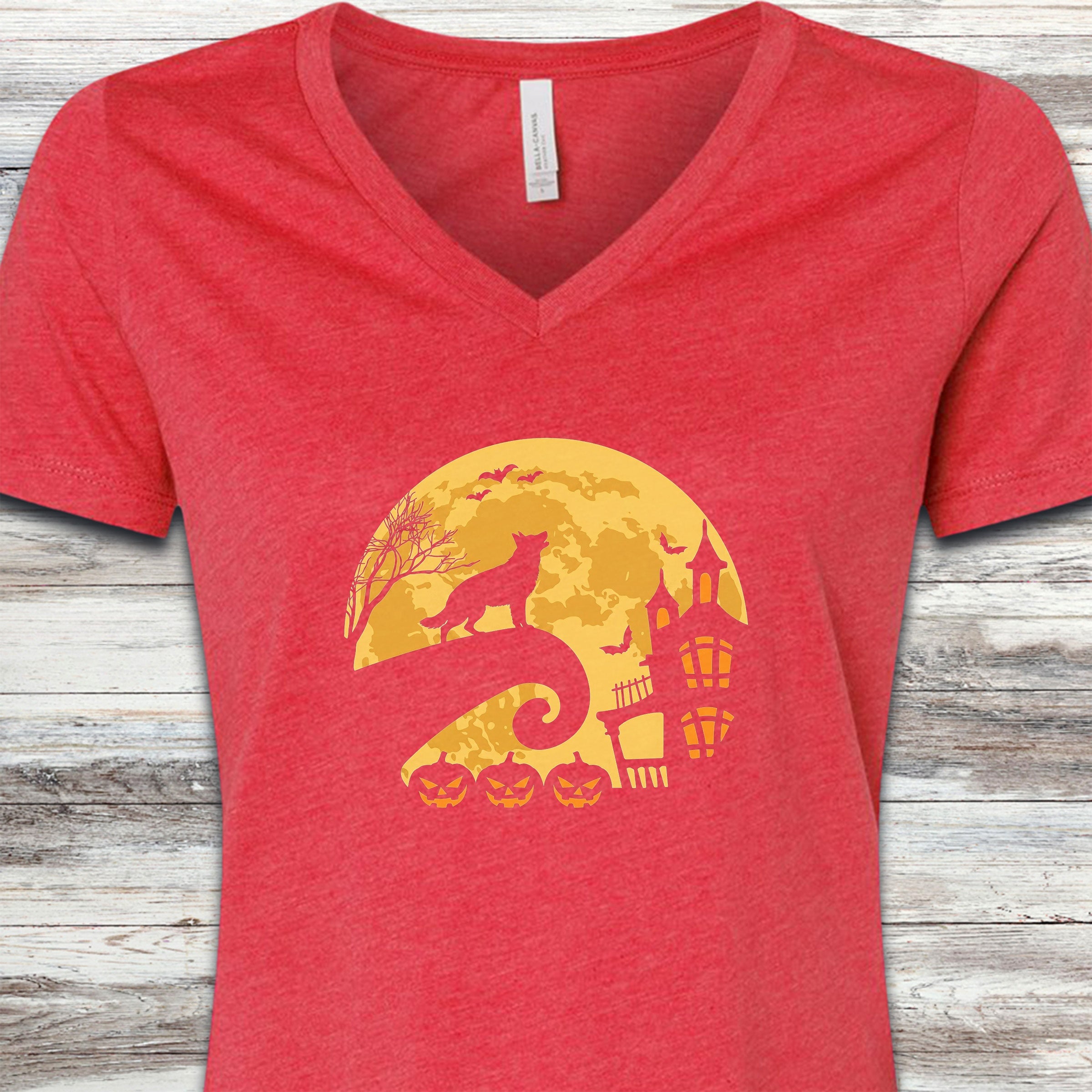 German Shepherd Halloween Moon V-Neck Tee - Heather Red