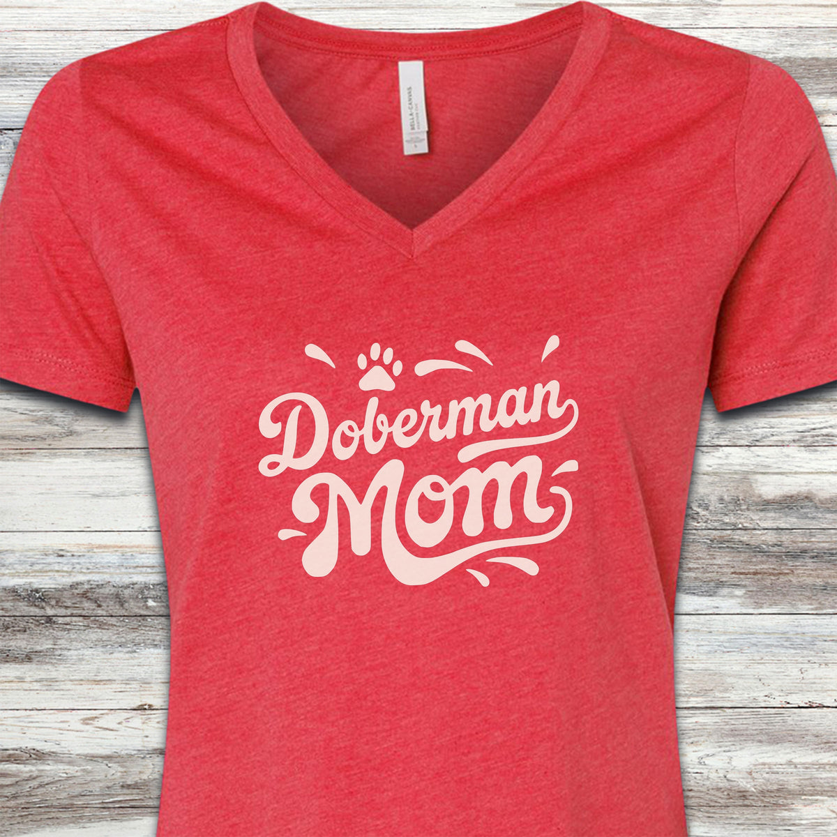 Doberman Groovy Mom V-Neck Tee - Heather Red
