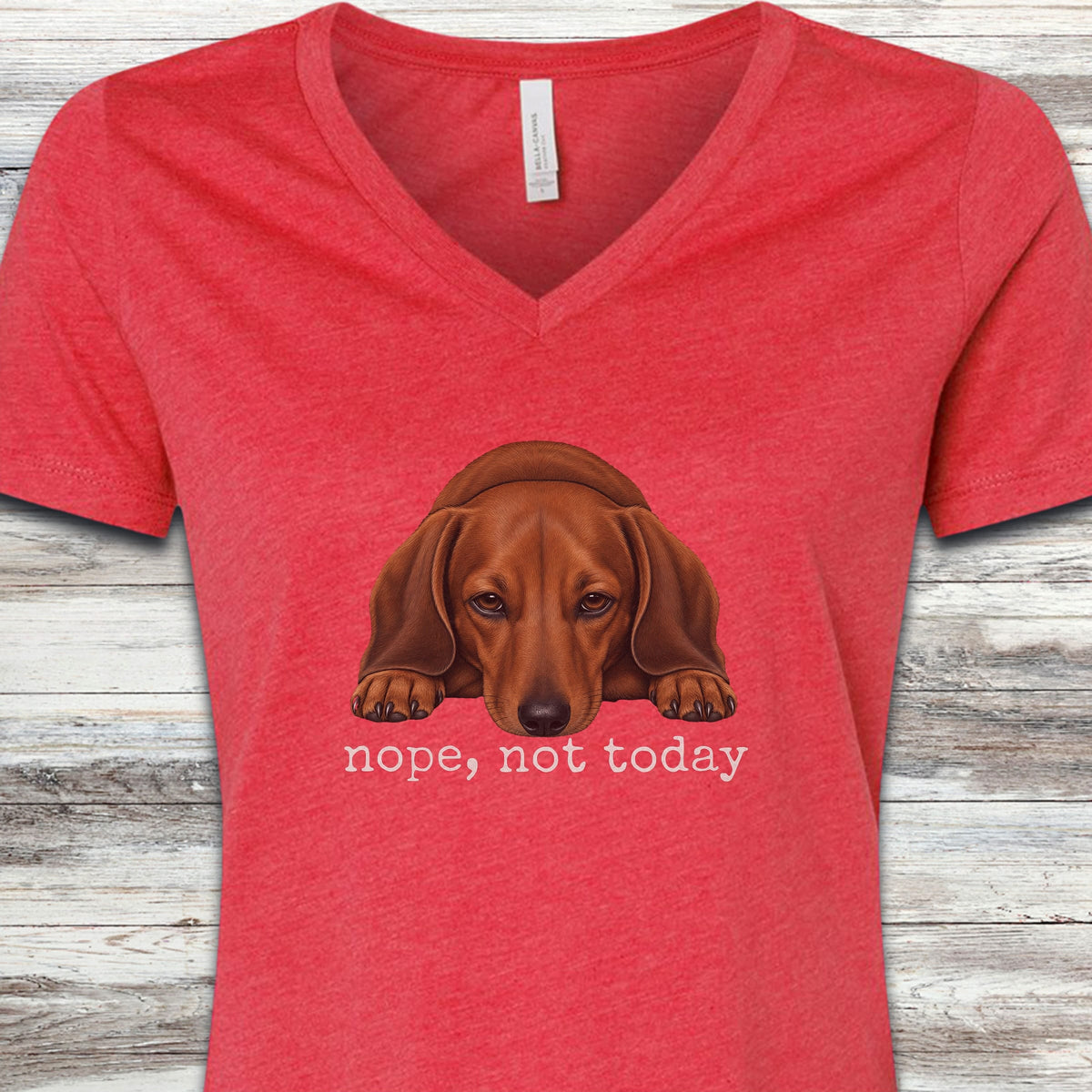 Dachshund Nope V-Neck Tee - Heather Red