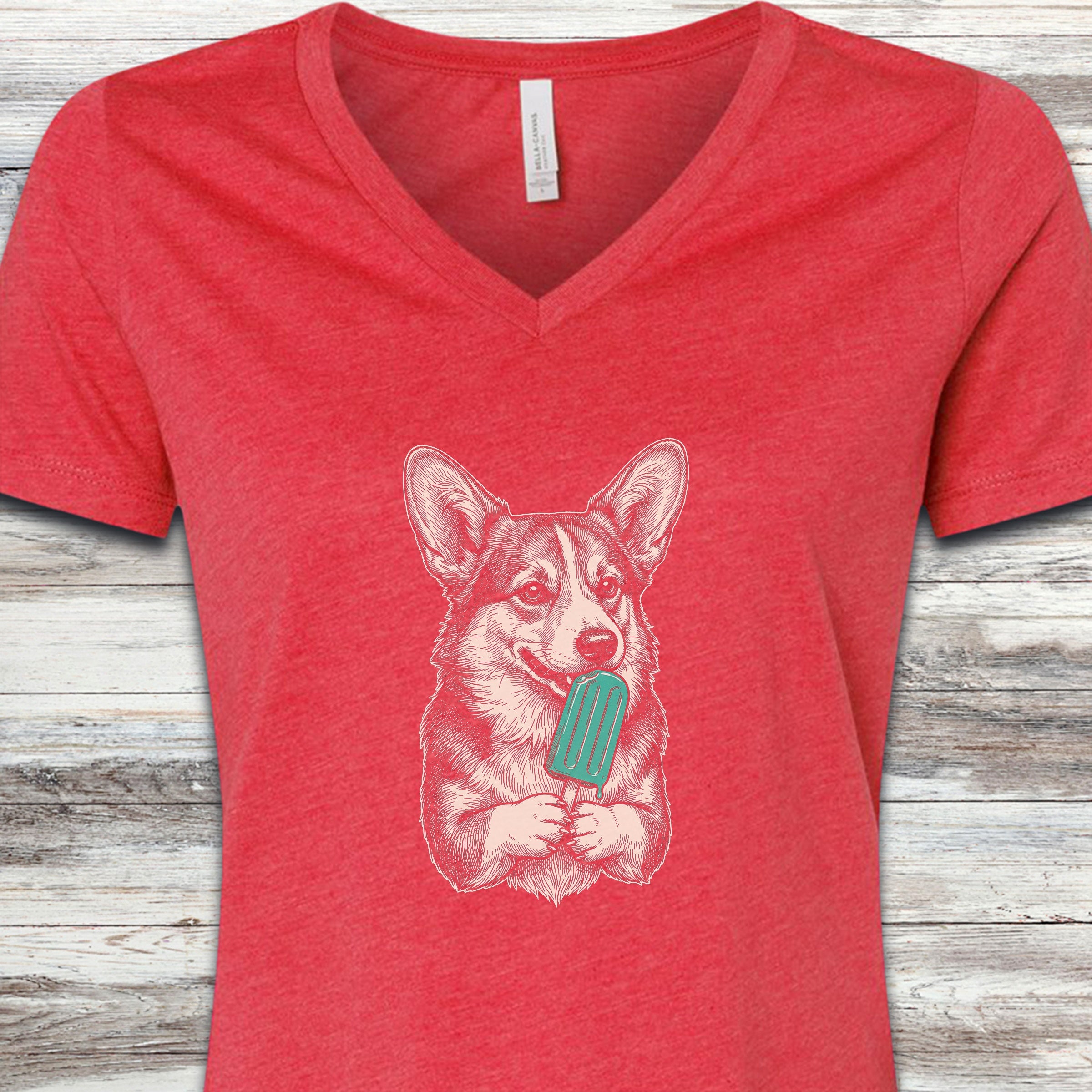 Corgi Pupsicle V-Neck Tee - Heather Red