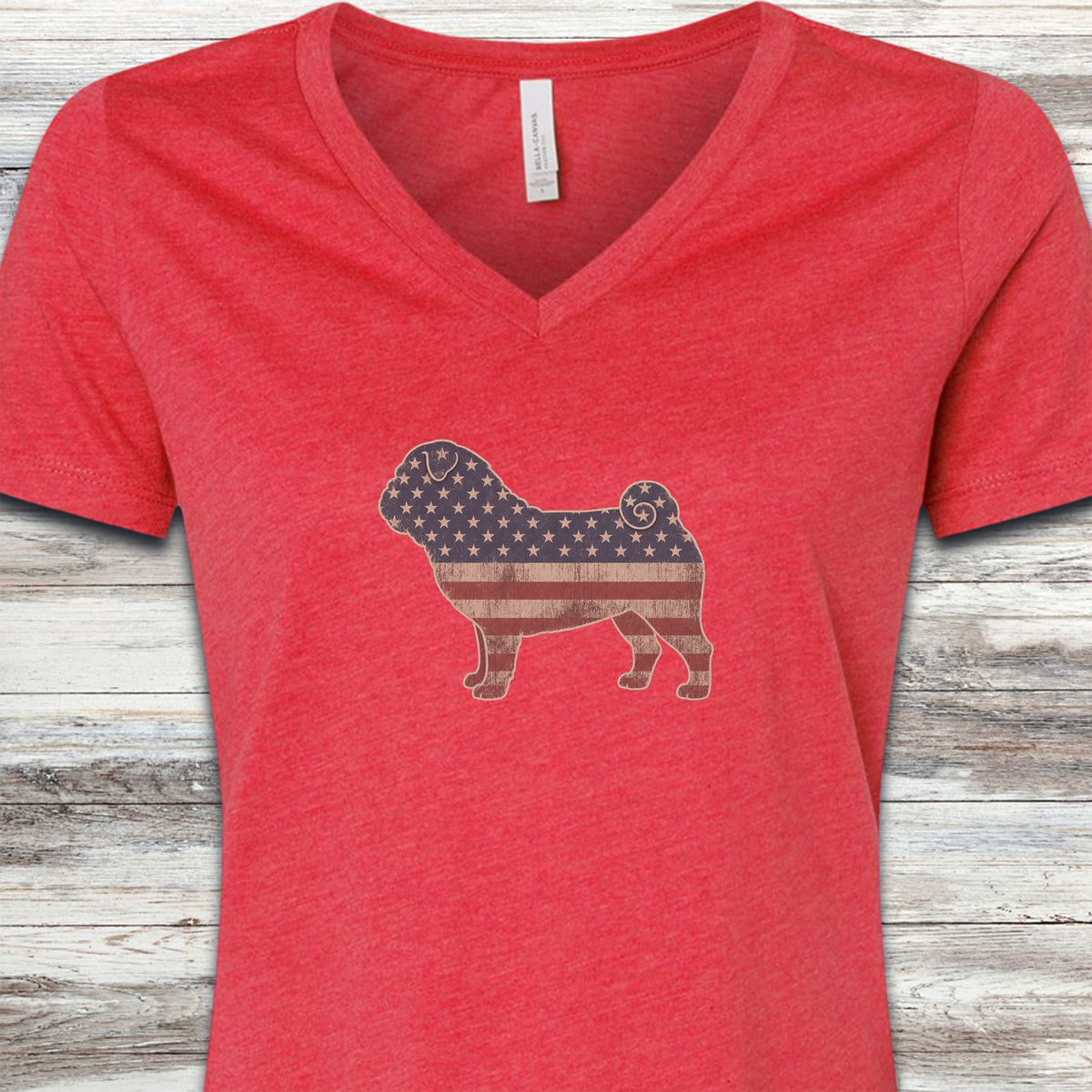 Pug Vintage USA V-Neck Tee - Heather Red