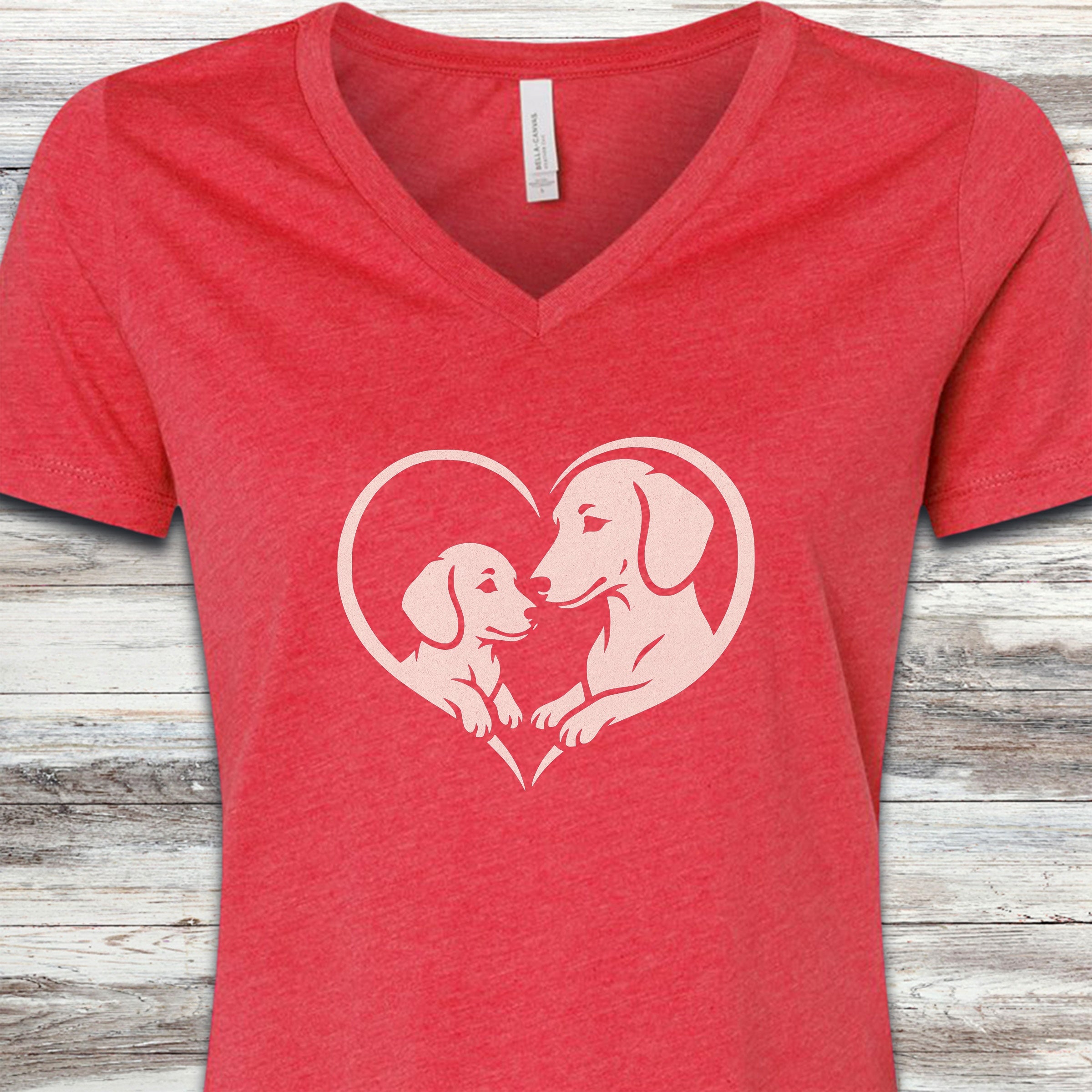 Dachshund Heart Bond V-Neck Tee - Heather Red
