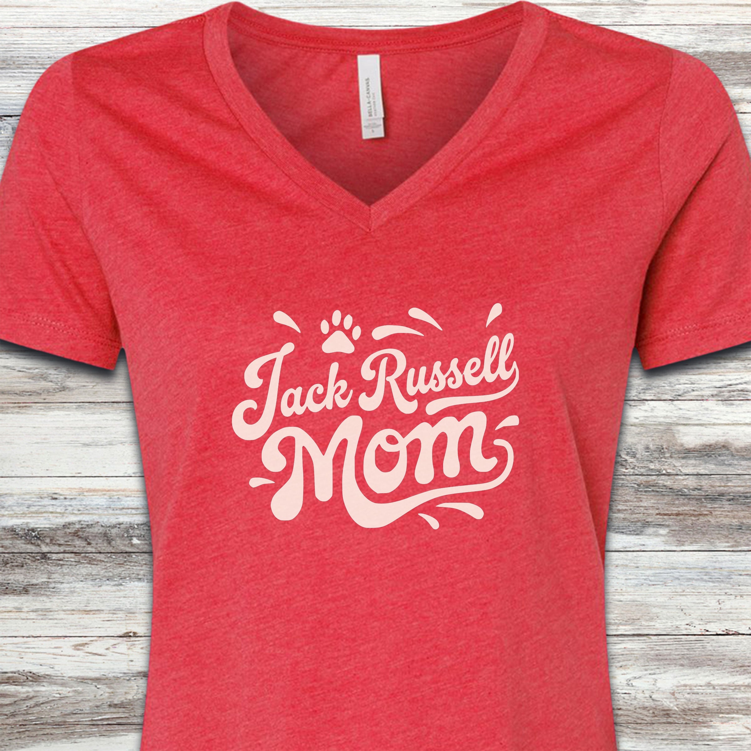 Jack Russell Groovy Mom V-Neck Tee - Heather Red