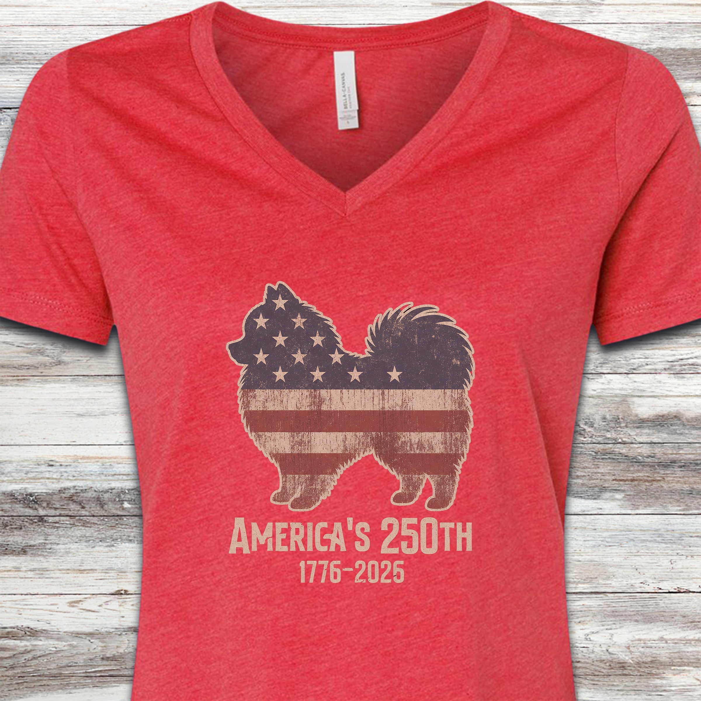 Pomeranian Vintage USA V-Neck Tee - Heather Red