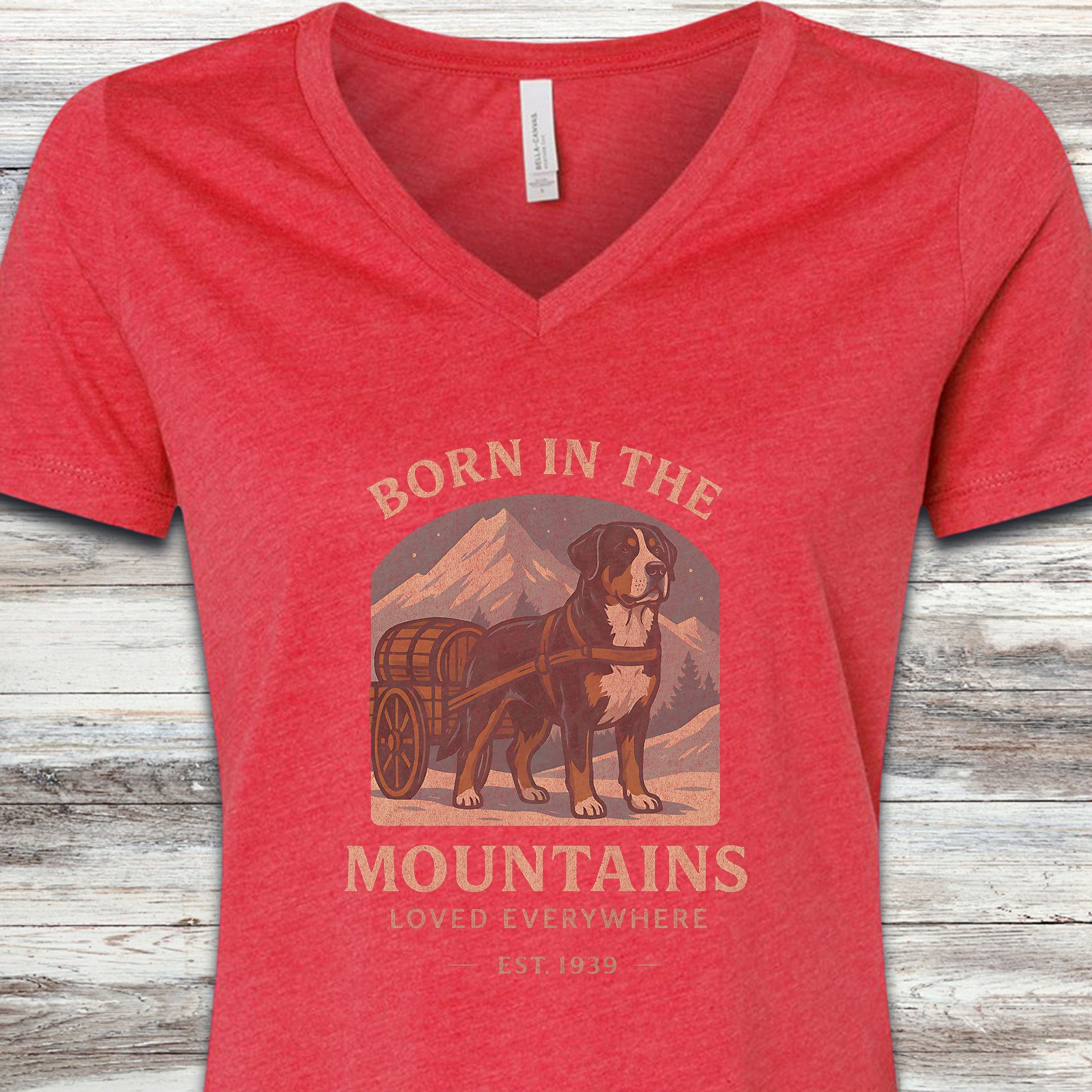 Swiss Mountain Dog Born V-Neck Tee - Heather Red