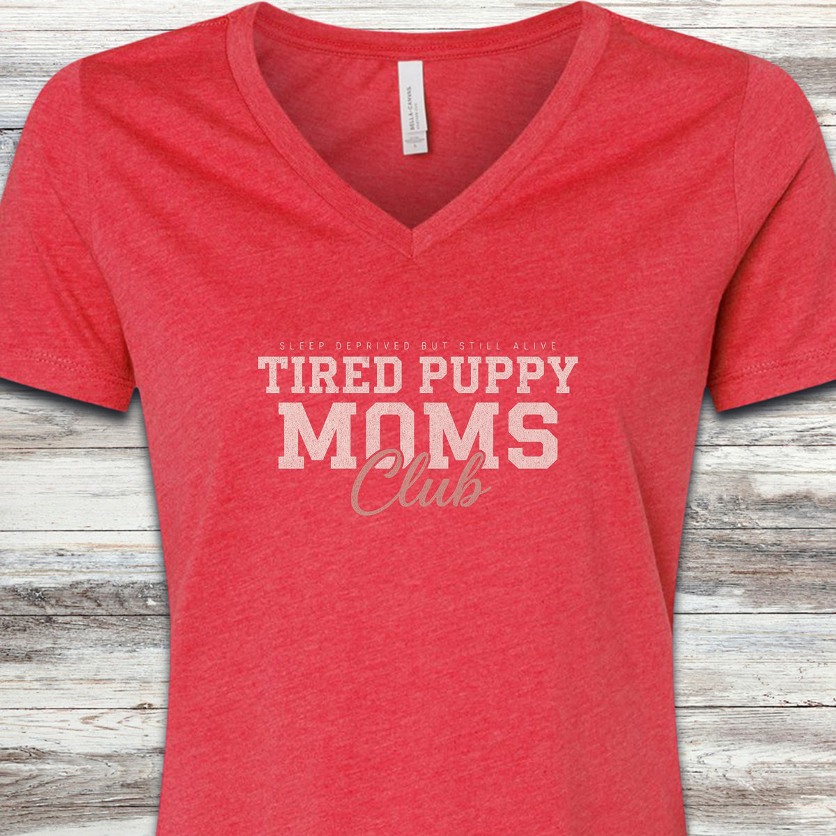 Tired Puppy Mom V-Neck Tee - Heather Red