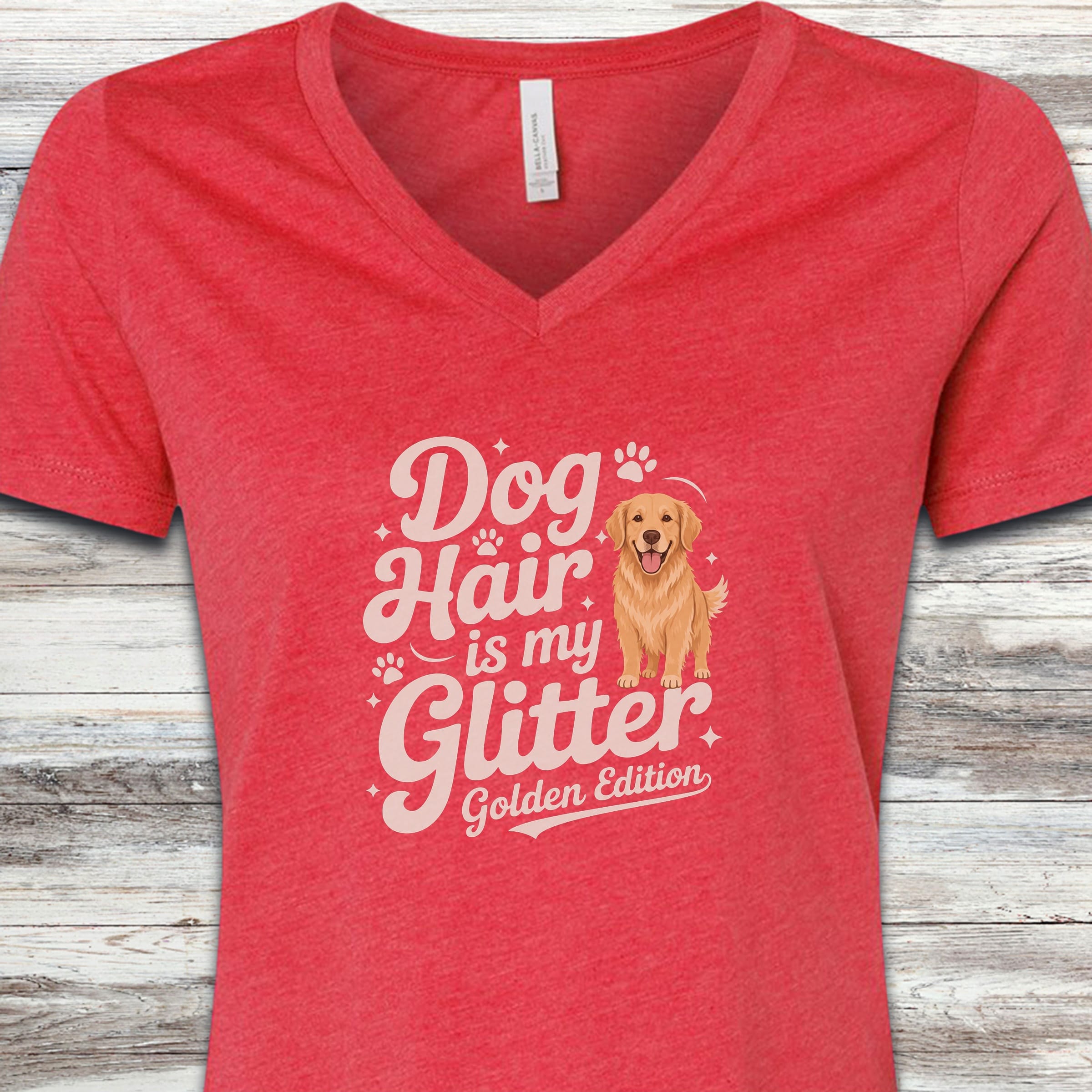 Golden Retriever Glitter V-Neck Tee - Heather Red