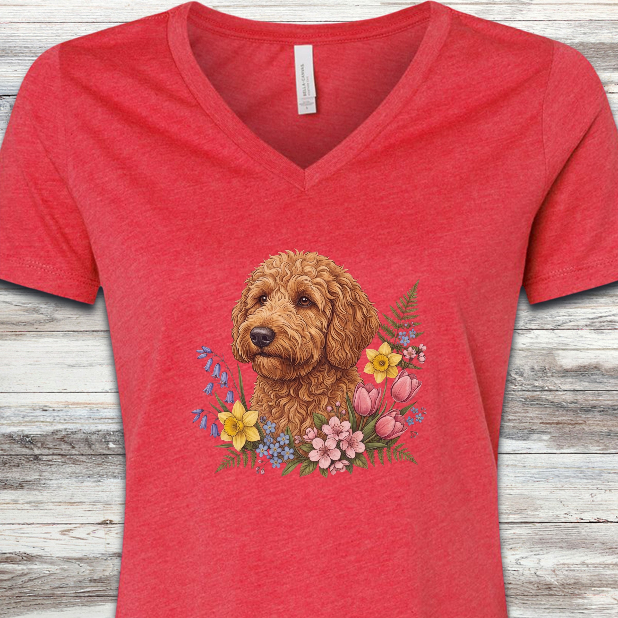 Goldendoodle Spring Portrait V-Neck Tee - Heather Red