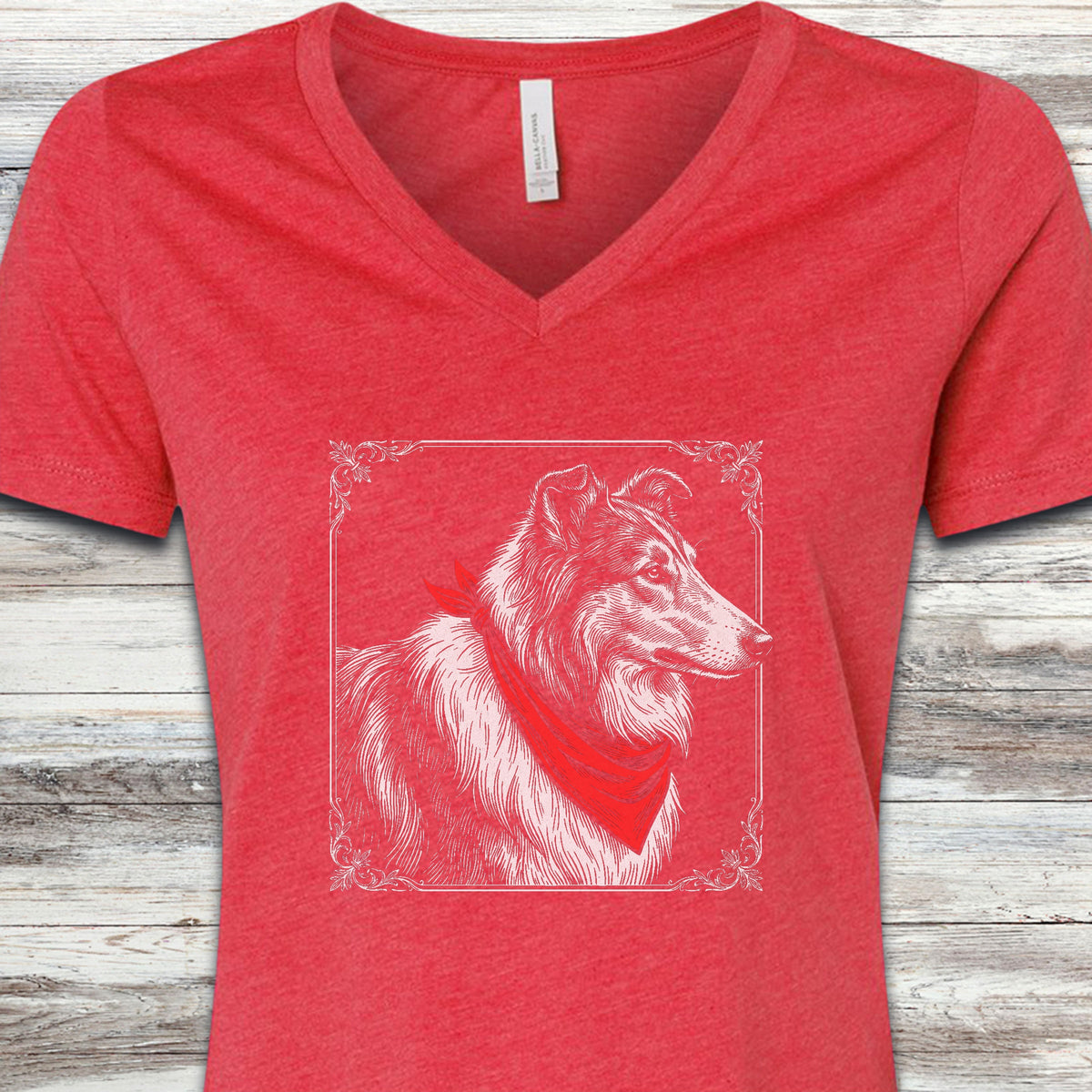 Rough Collie Etching V-Neck Tee - Heather Red