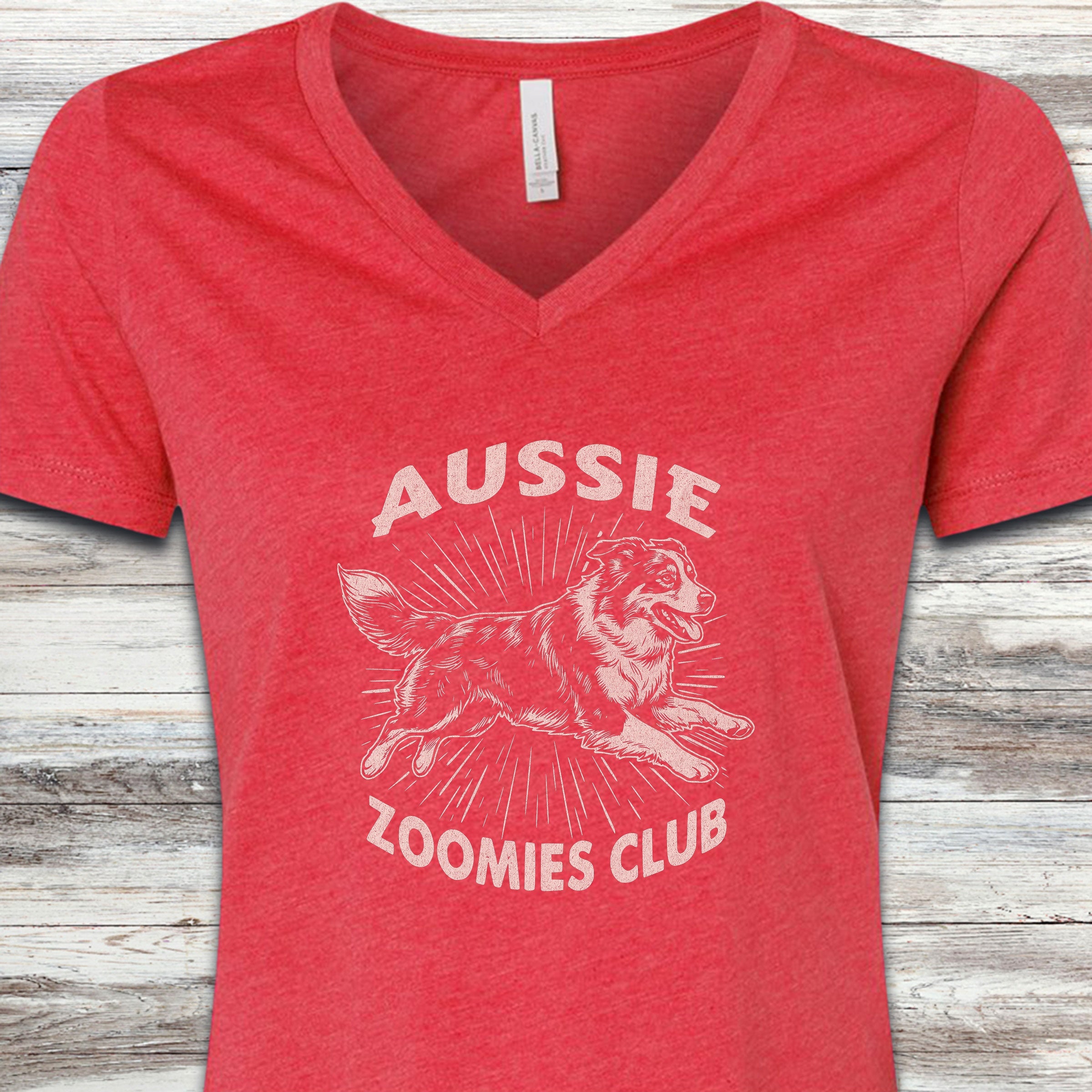 Australian Shepherd Zoomies V-Neck Tee - Heather Red