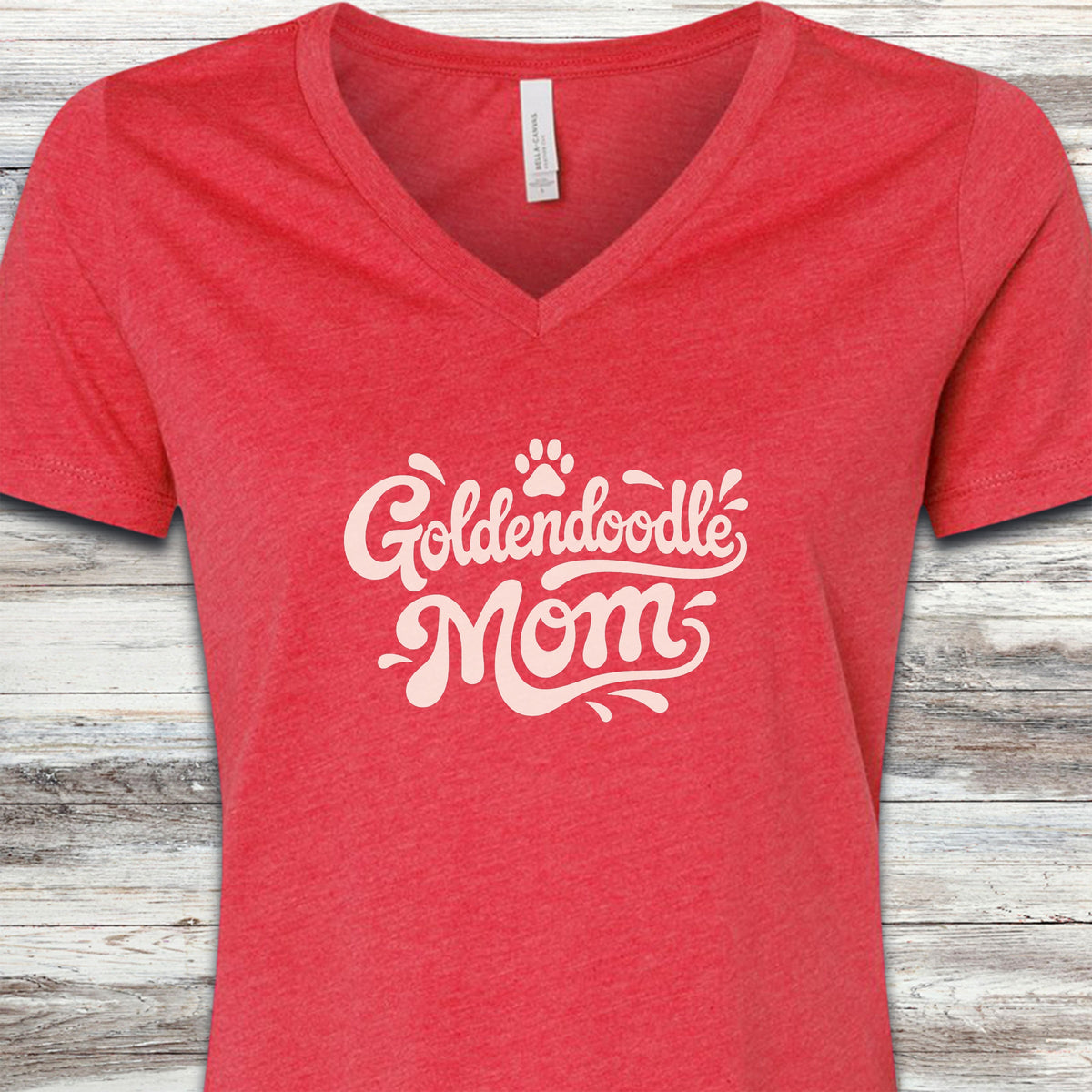 Goldendoodle Groovy Mom V-Neck Tee - Heather Red