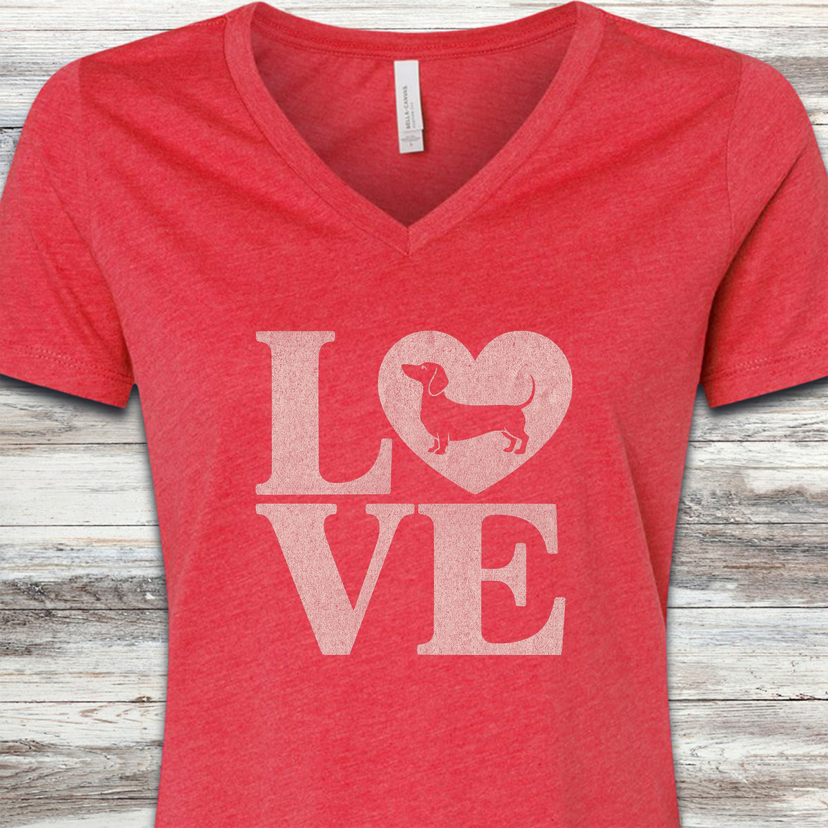 Dachshund Heart V-Neck Tee - Heather Red