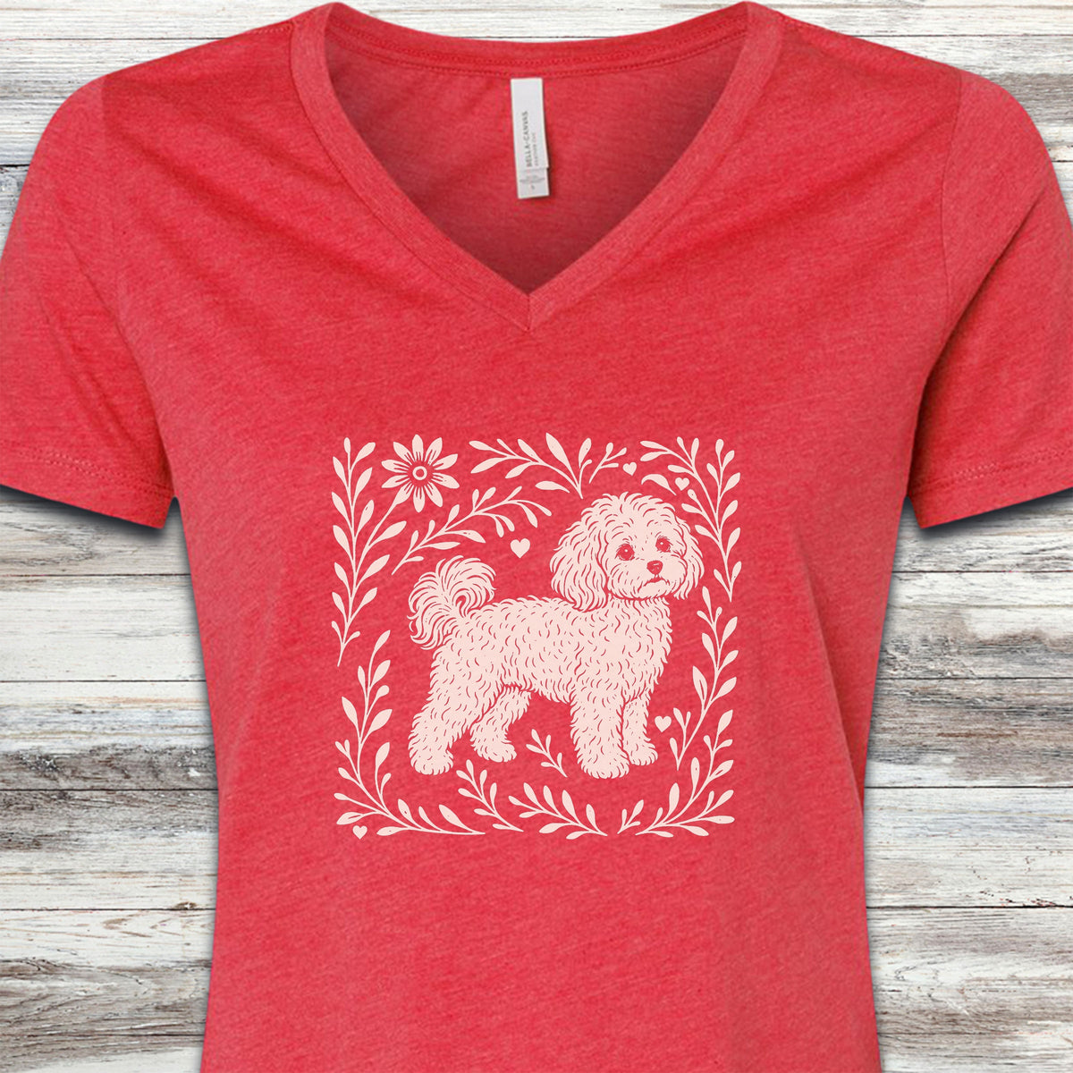 Maltipoo Linocut V-Neck Tee - Heather Red