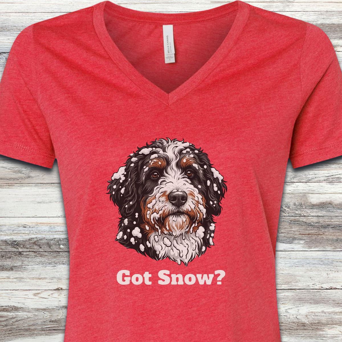 Bernedoodle Got Snow V-Neck Tee - Heather Red